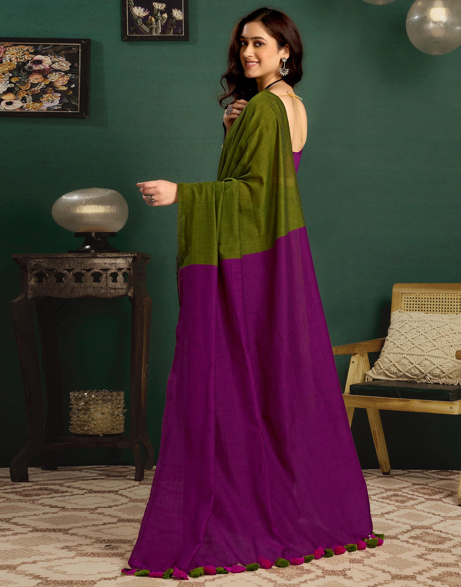 Green Linen Top Dyed Solid Saree