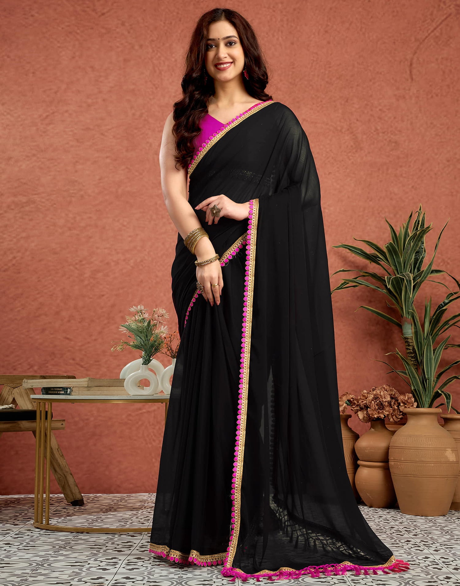 Black Georgette Lace Solid Saree