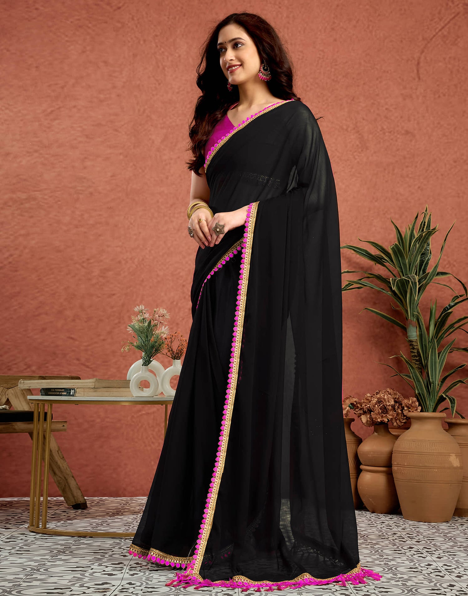 Black Georgette Lace Solid Saree