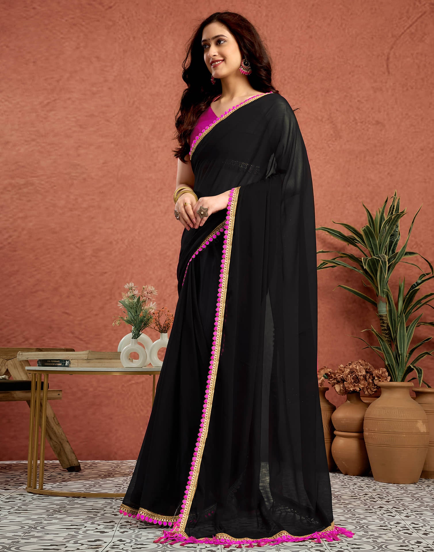 Black Georgette Lace Solid Saree