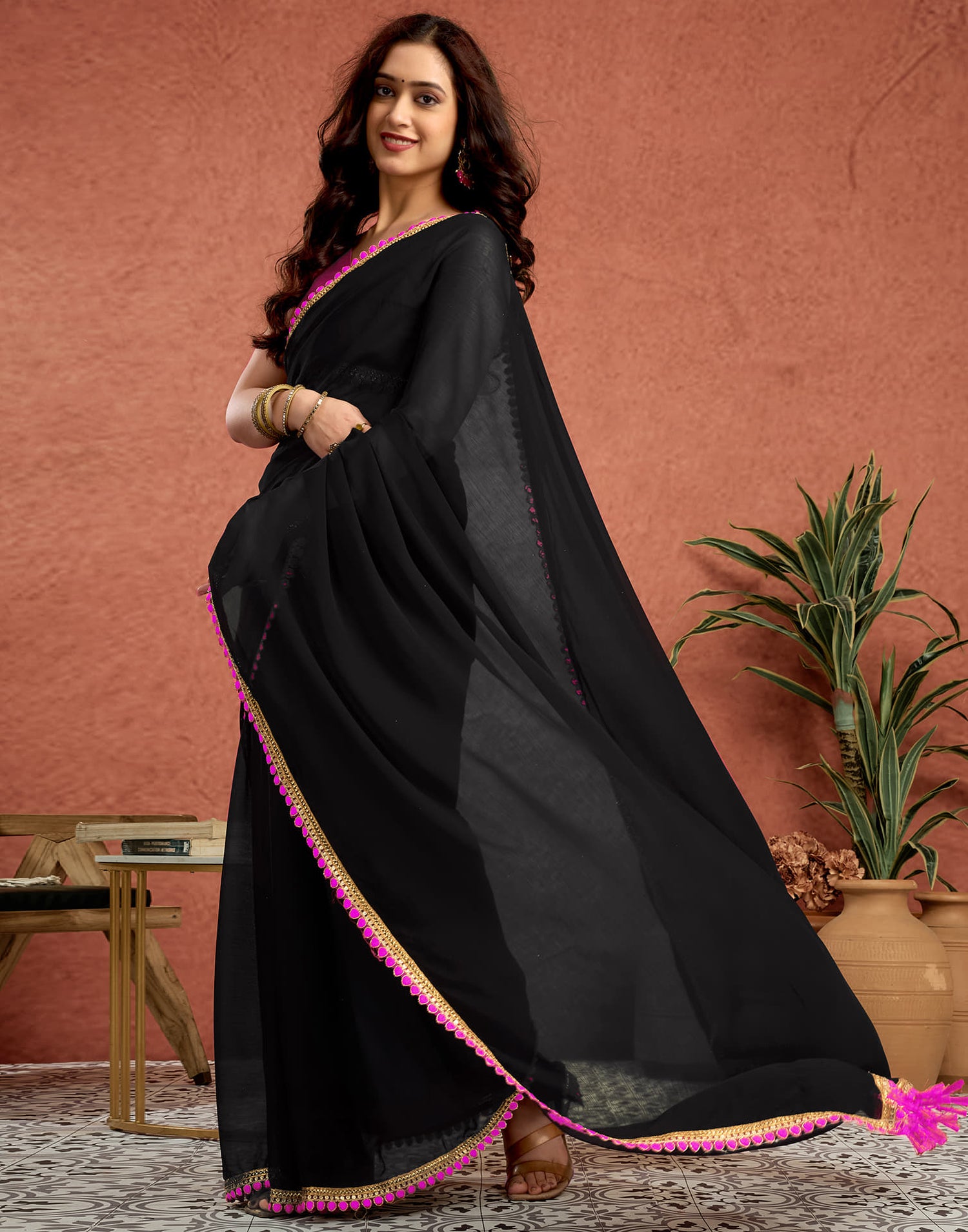 Black Georgette Lace Solid Saree