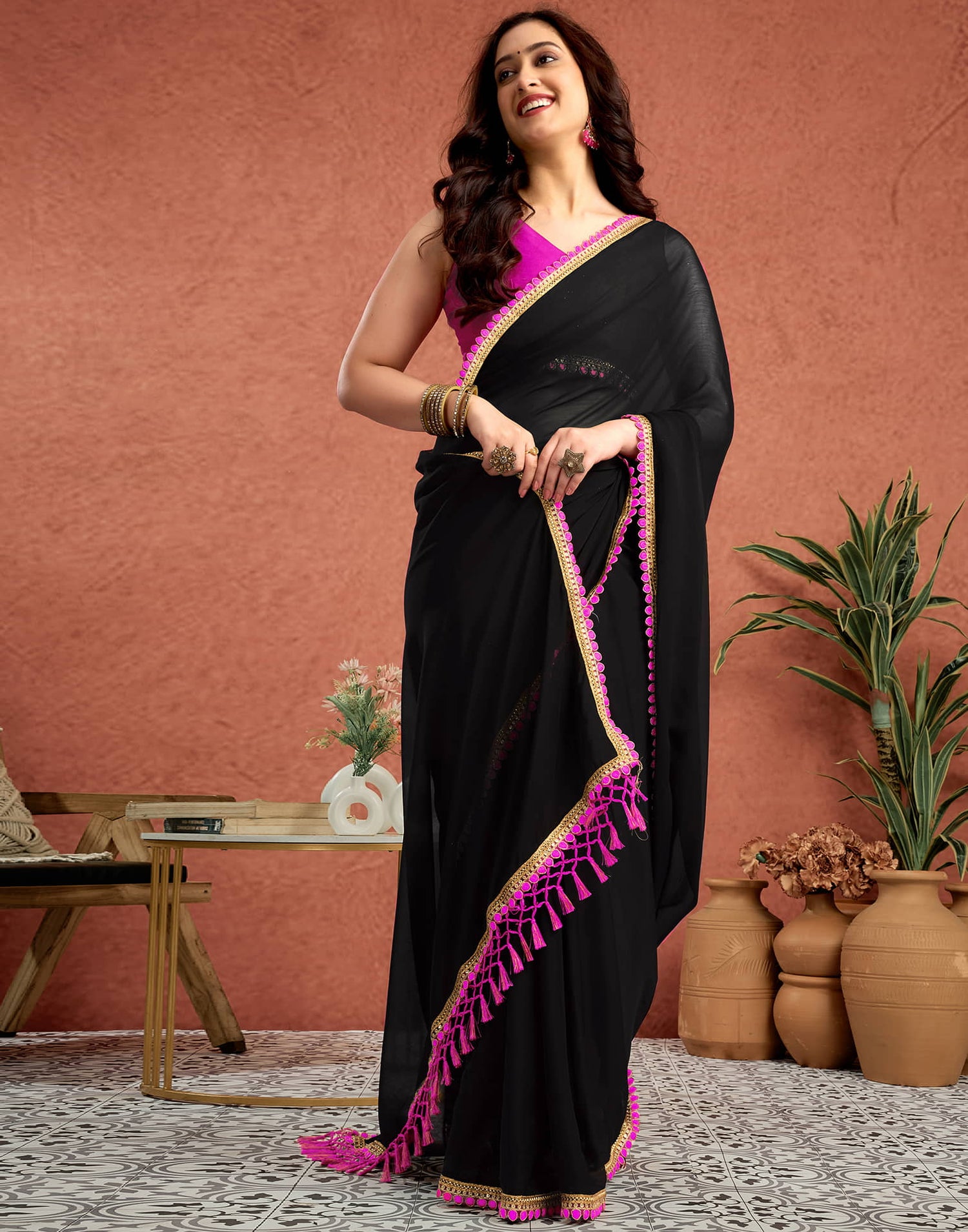 Black Georgette Lace Solid Saree