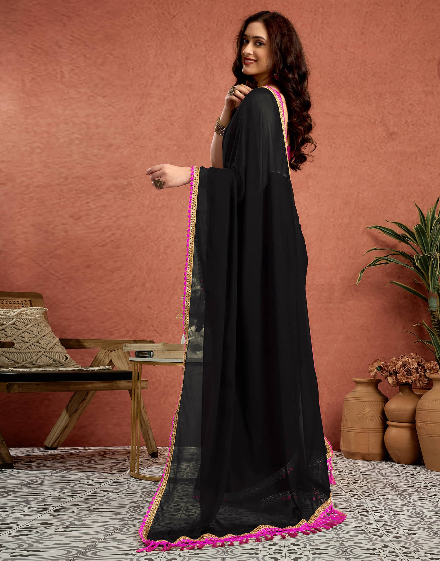 Black Georgette Lace Solid Saree