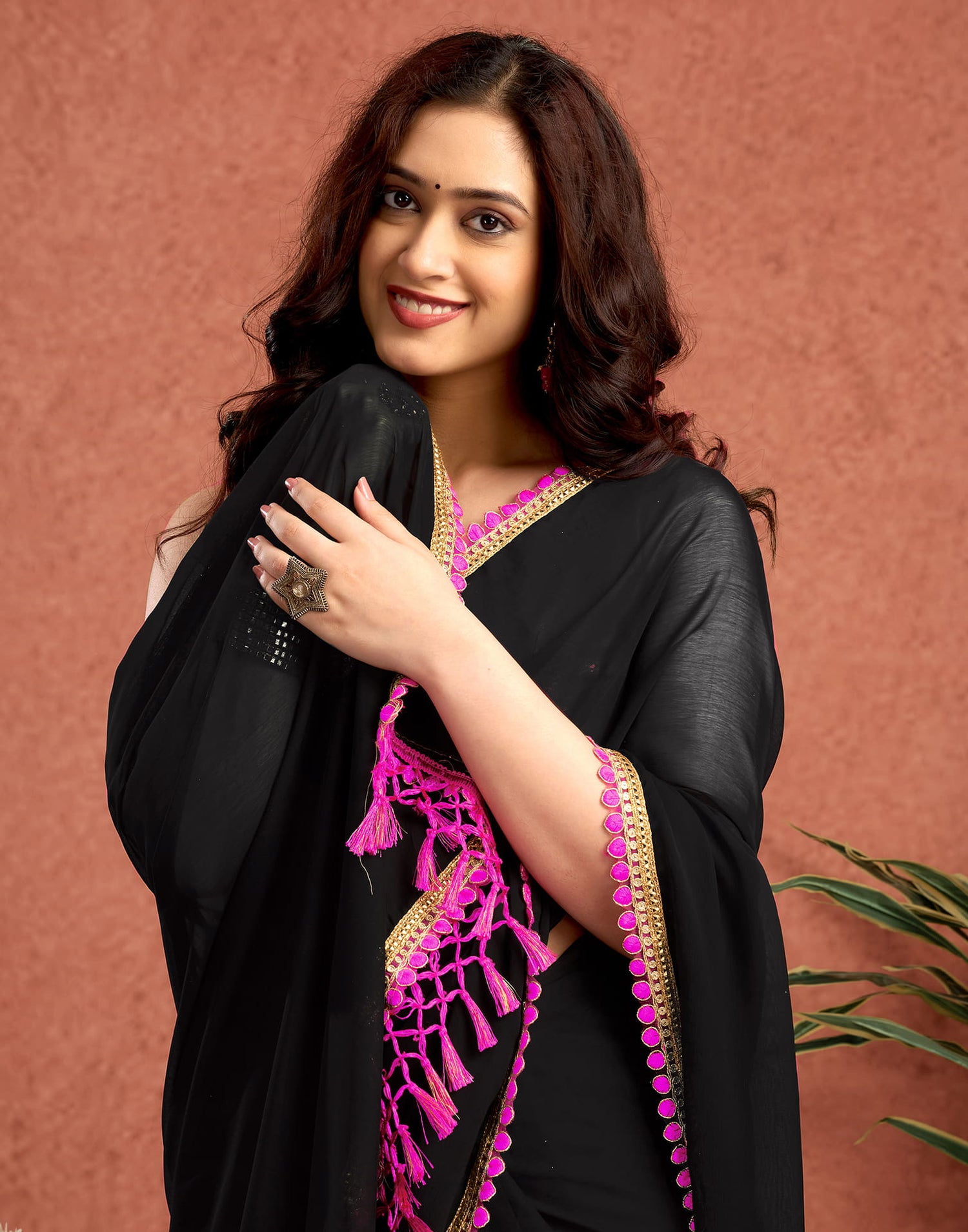 Black Georgette Lace Solid Saree