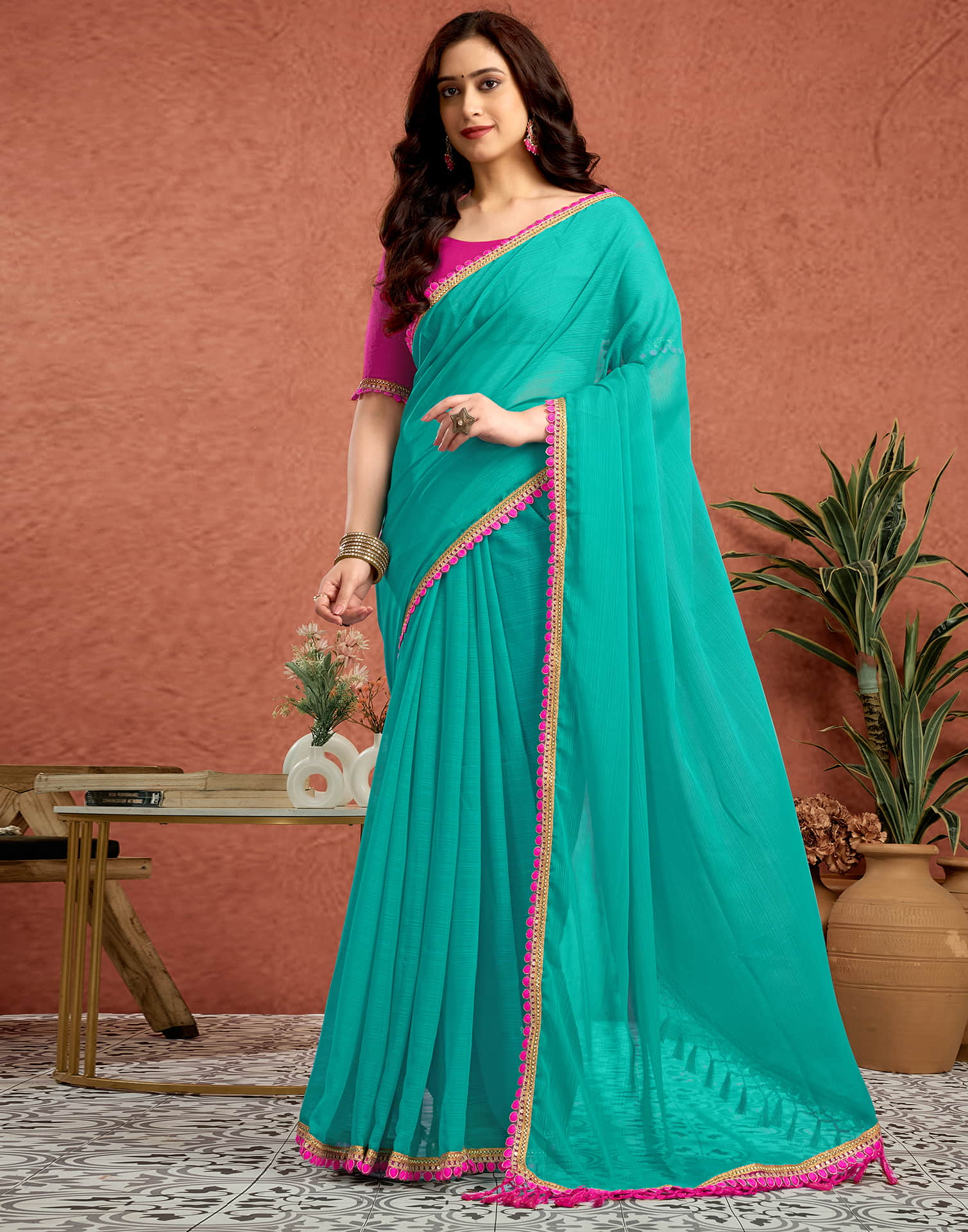 Turquoise Georgette Lace Solid Saree