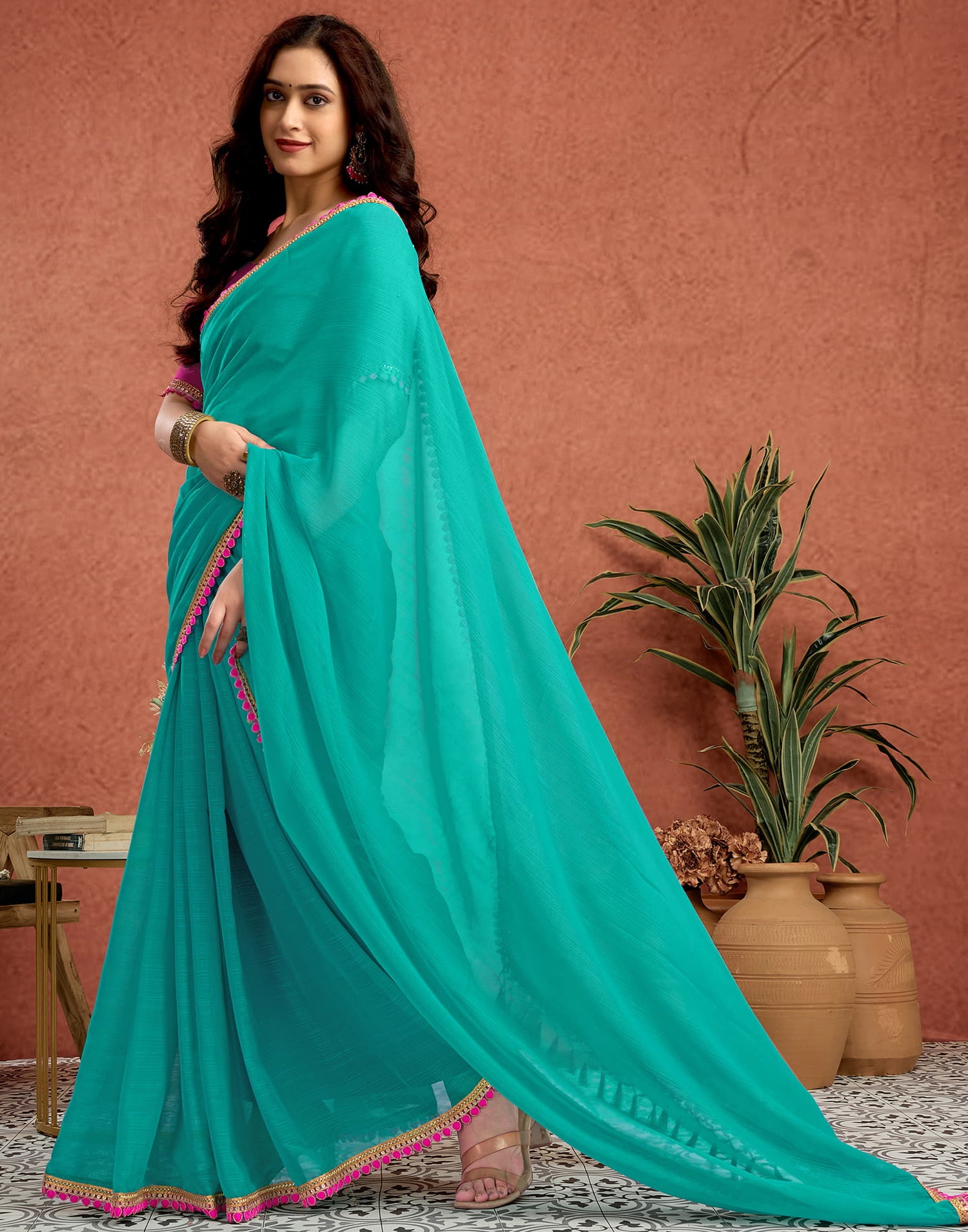 Turquoise Georgette Lace Solid Saree
