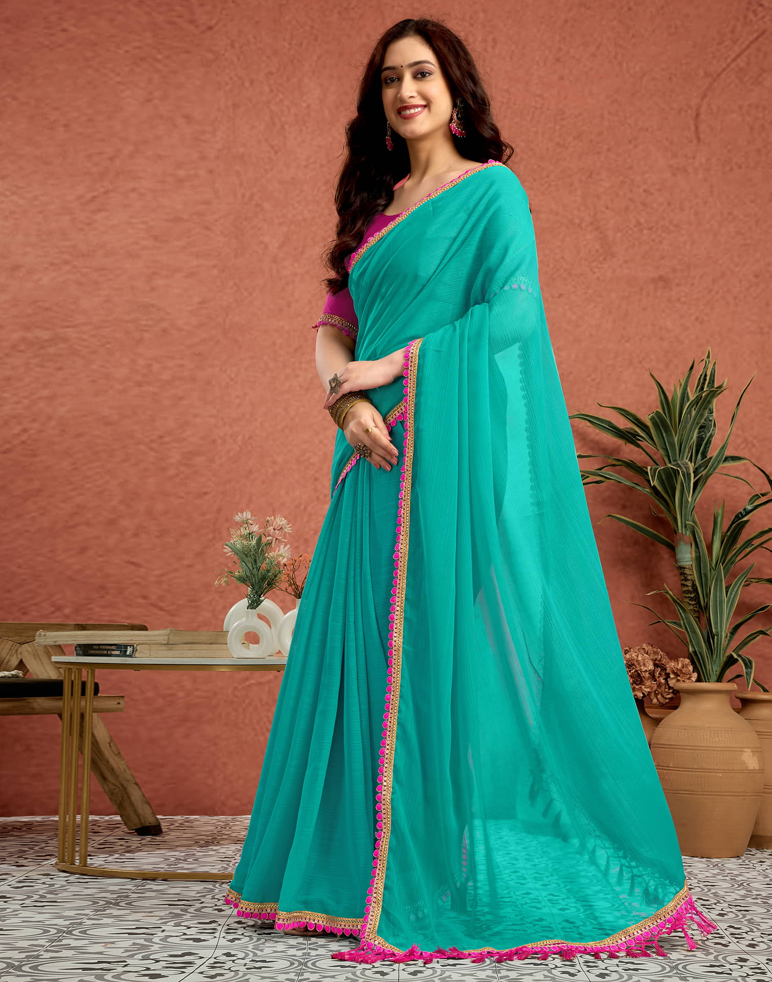 Turquoise Georgette Lace Solid Saree