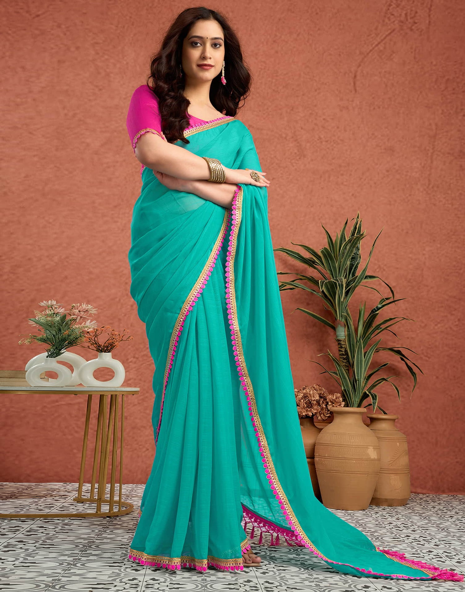 Turquoise Georgette Lace Solid Saree