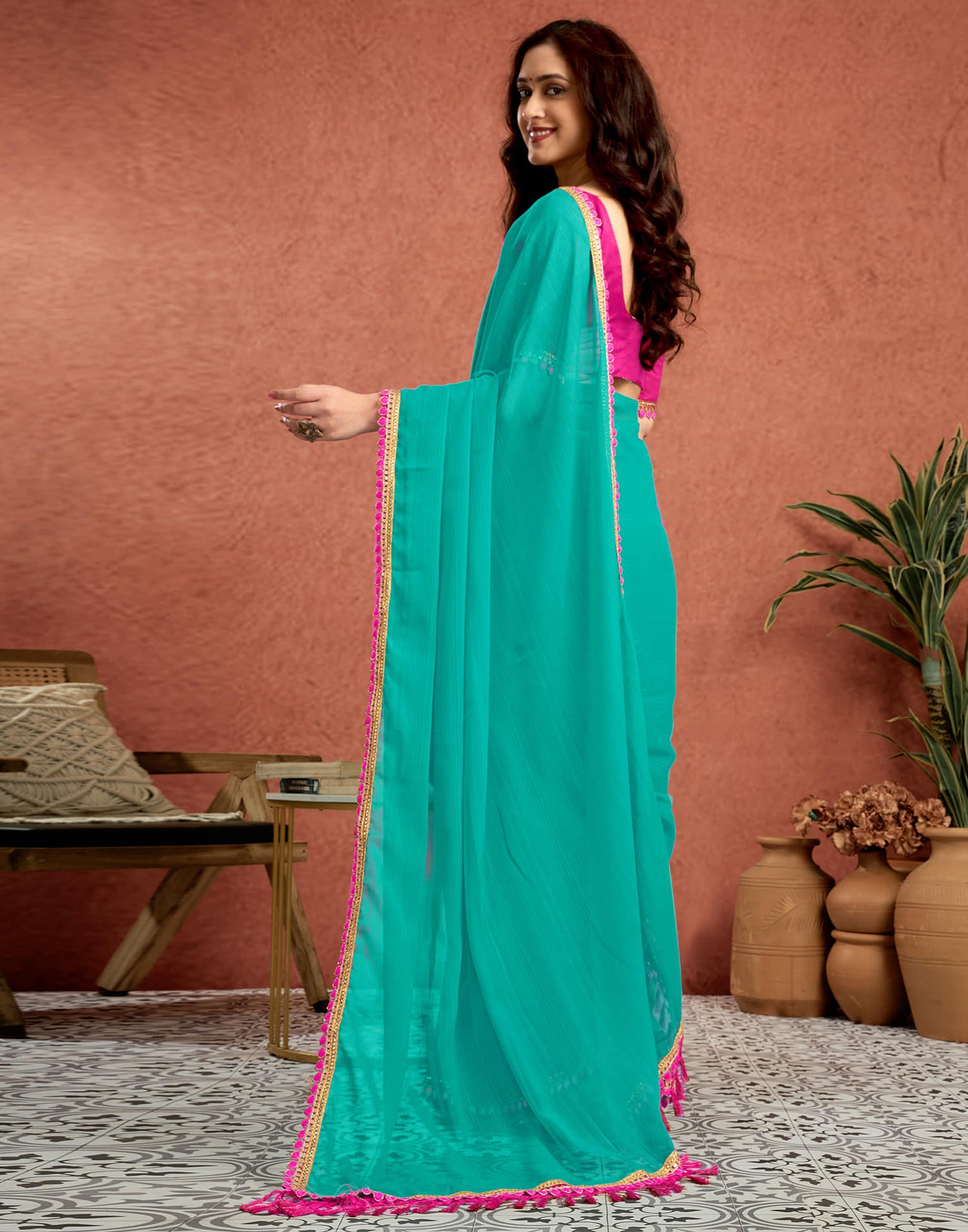 Turquoise Georgette Lace Solid Saree