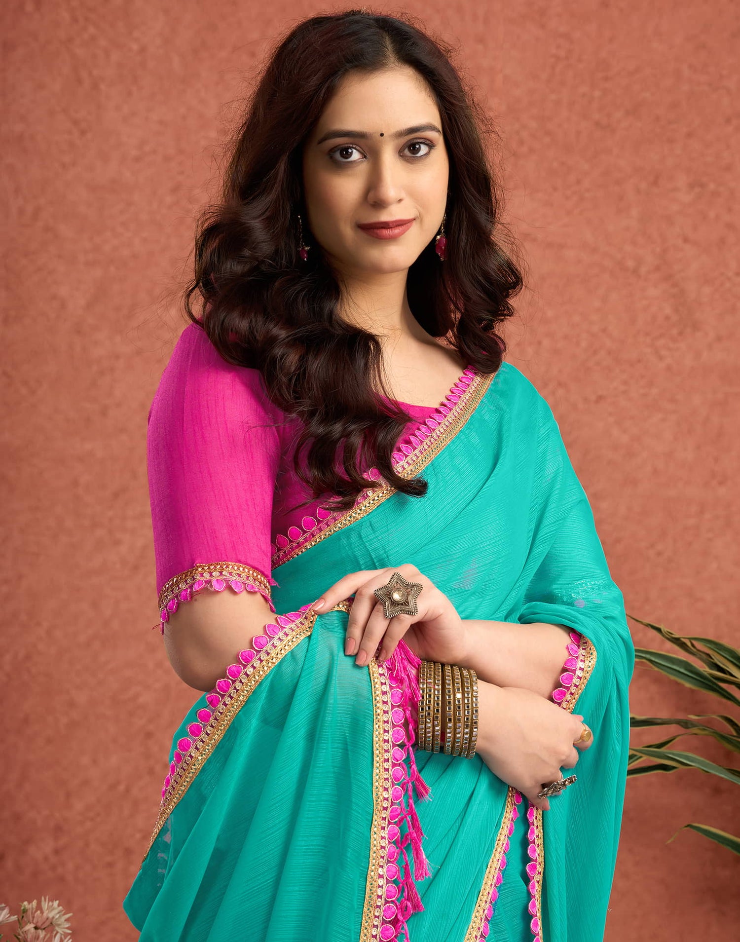 Turquoise Georgette Lace Solid Saree