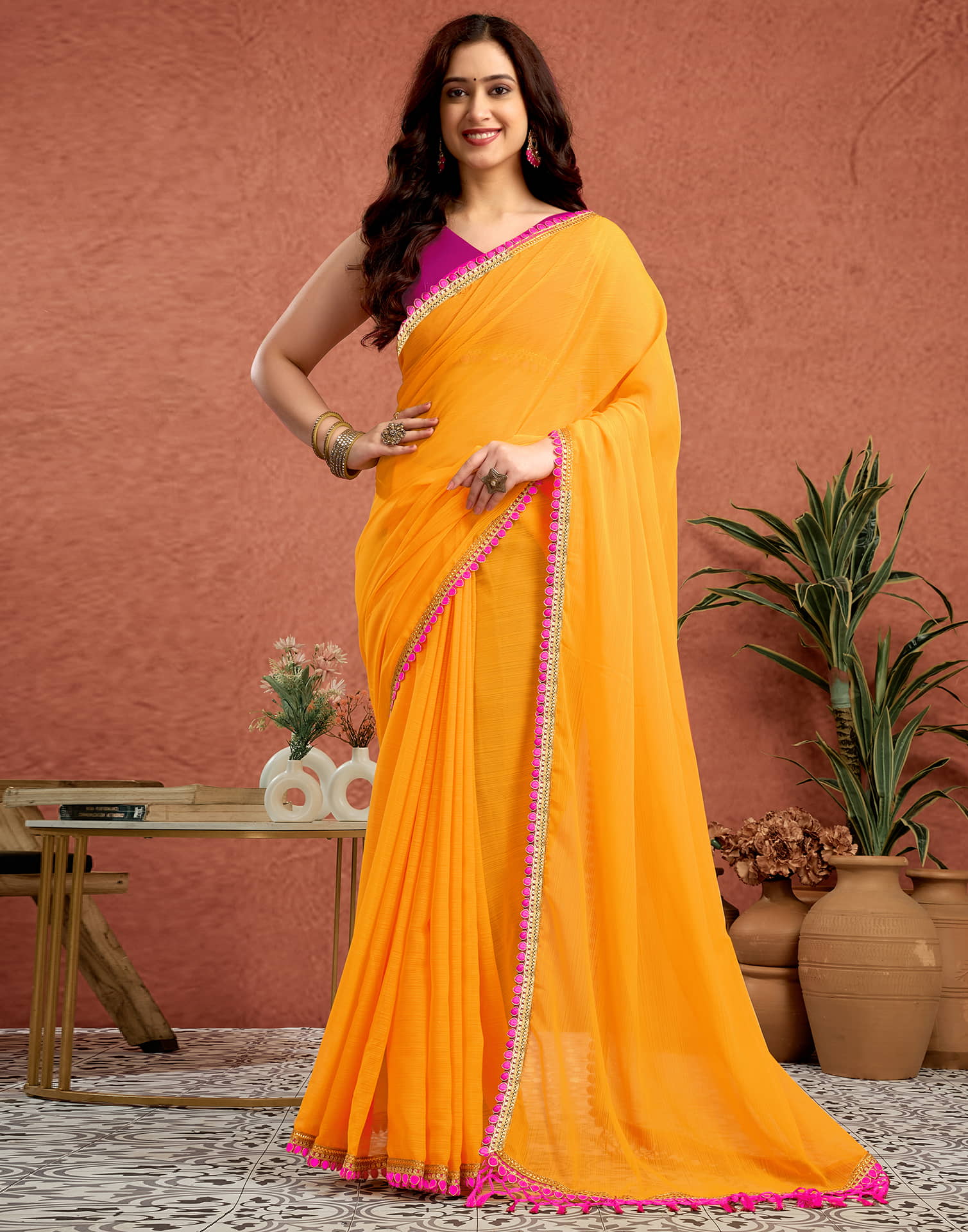 Yellow Georgette Lace Solid Saree