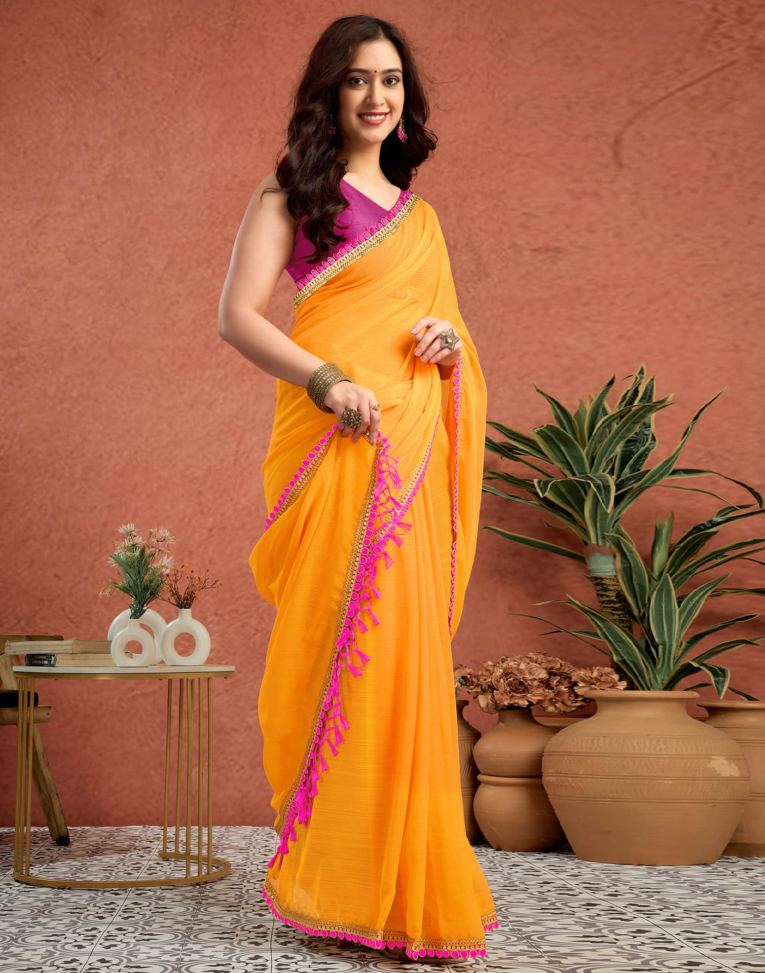 Yellow Georgette Lace Solid Saree
