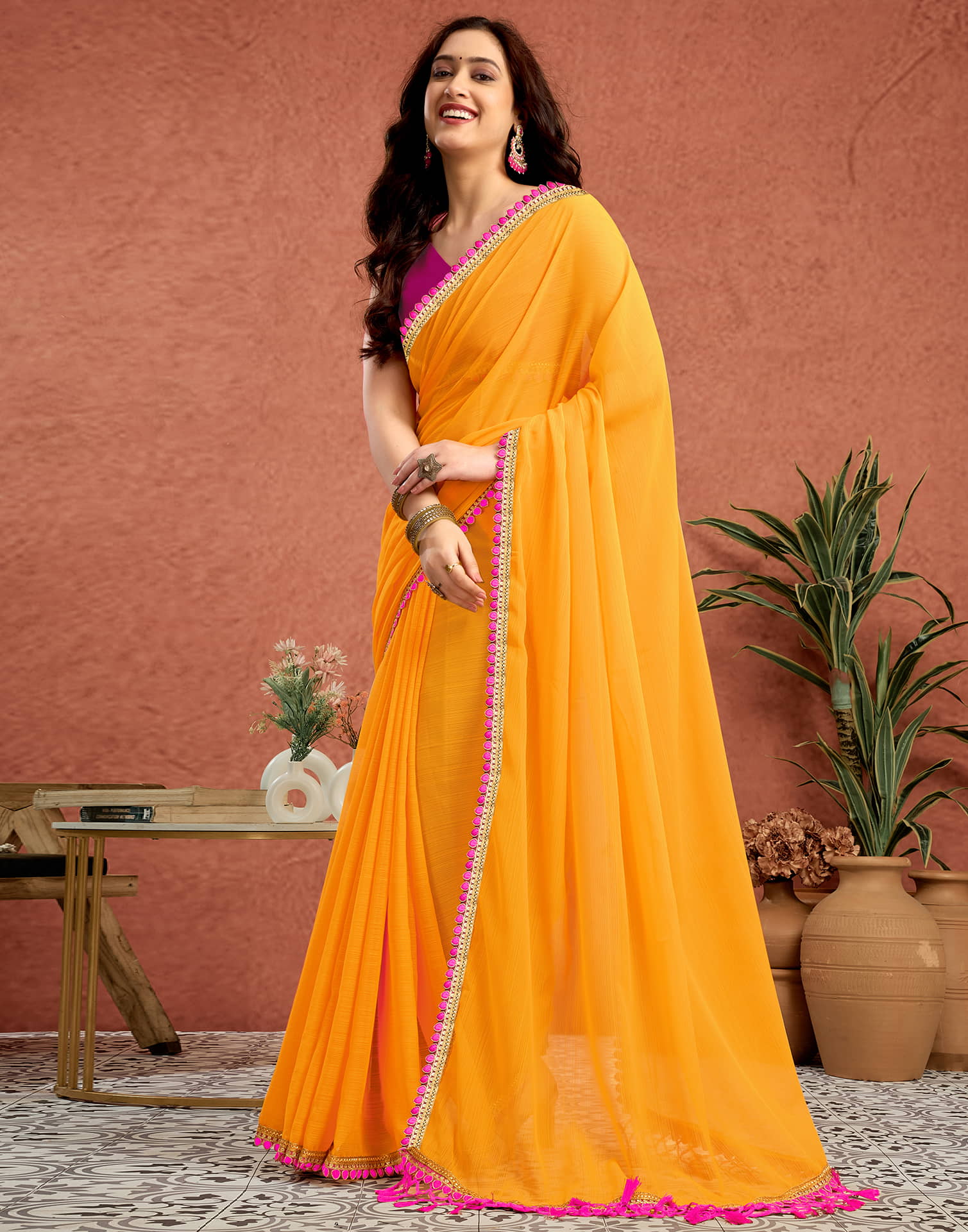 Yellow Georgette Lace Solid Saree