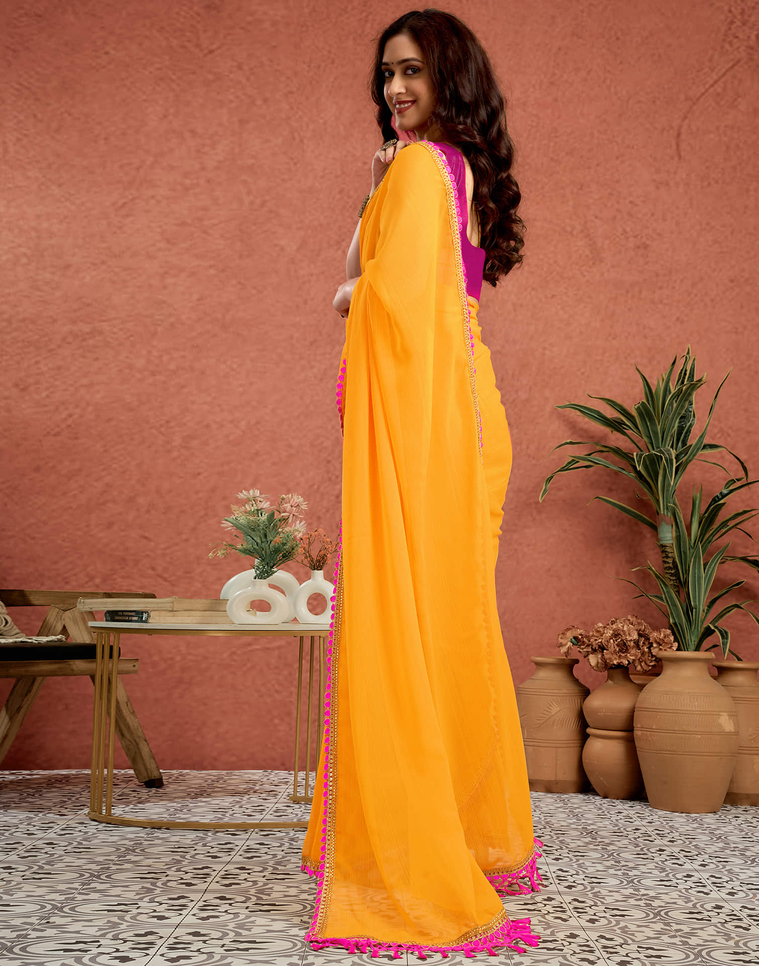 Yellow Georgette Lace Solid Saree