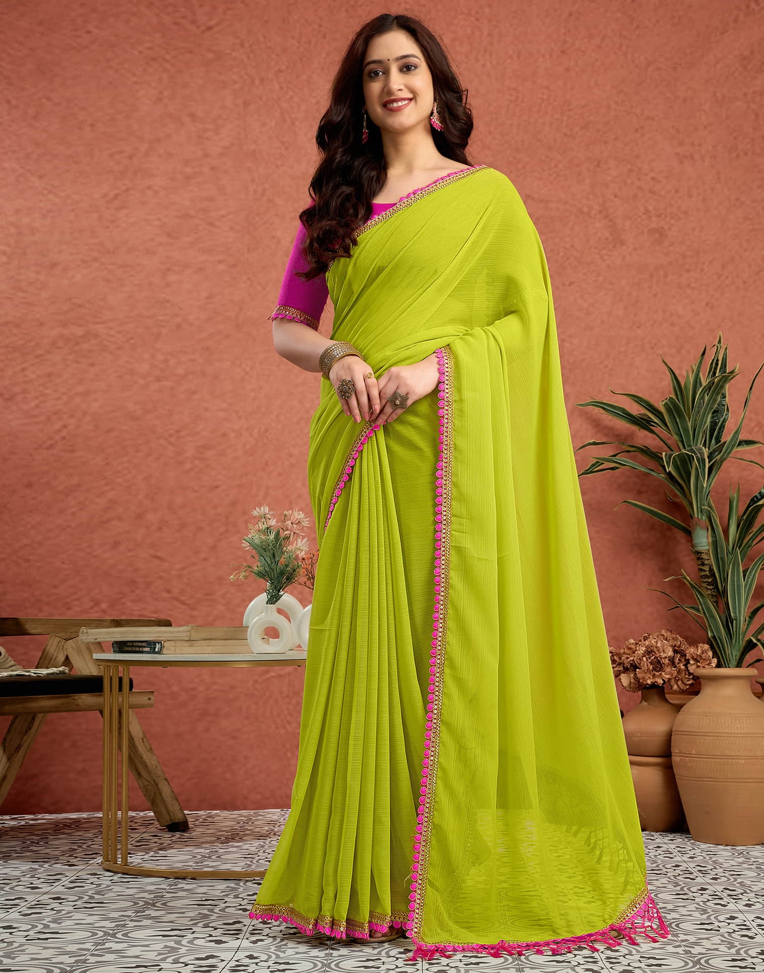 Lime Green Georgette Lace Solid Saree