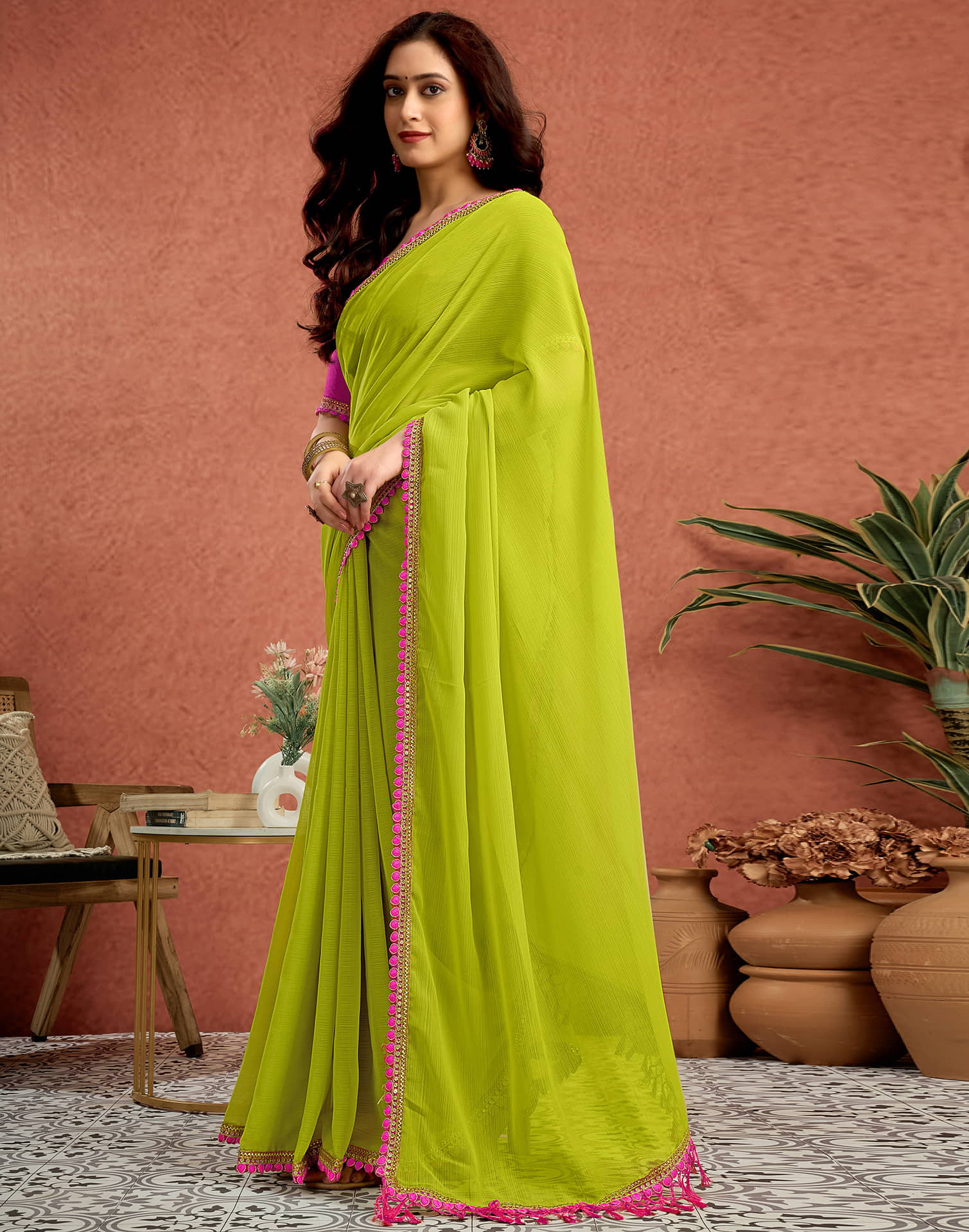 Lime Green Georgette Lace Solid Saree