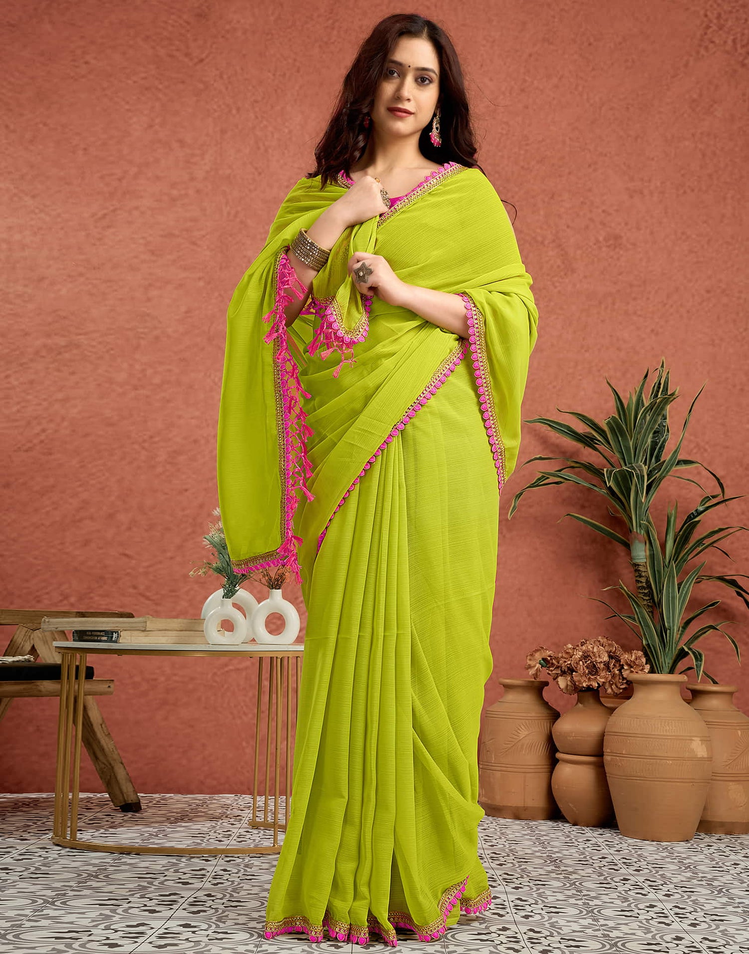 Lime Green Georgette Lace Solid Saree