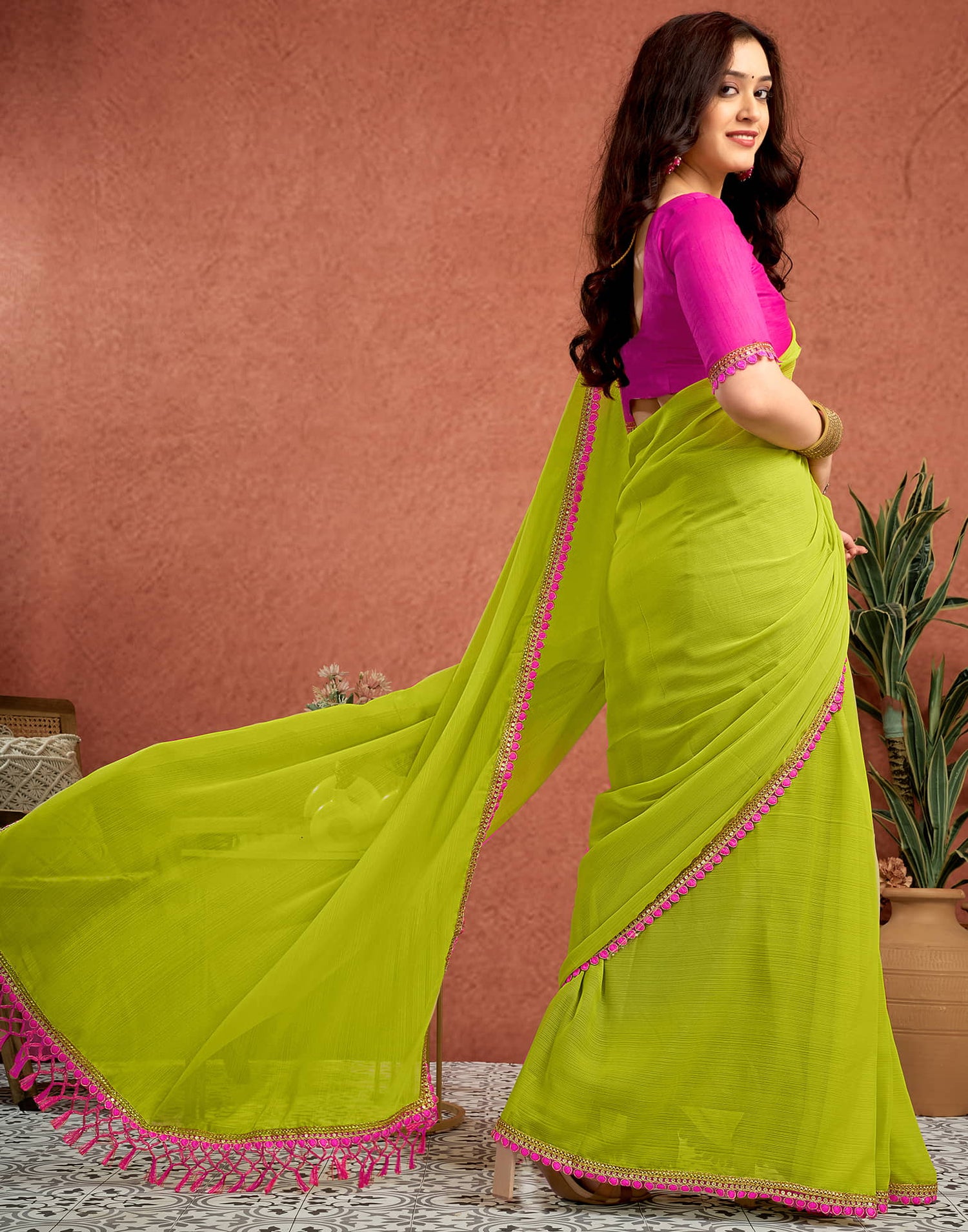 Lime Green Georgette Lace Solid Saree