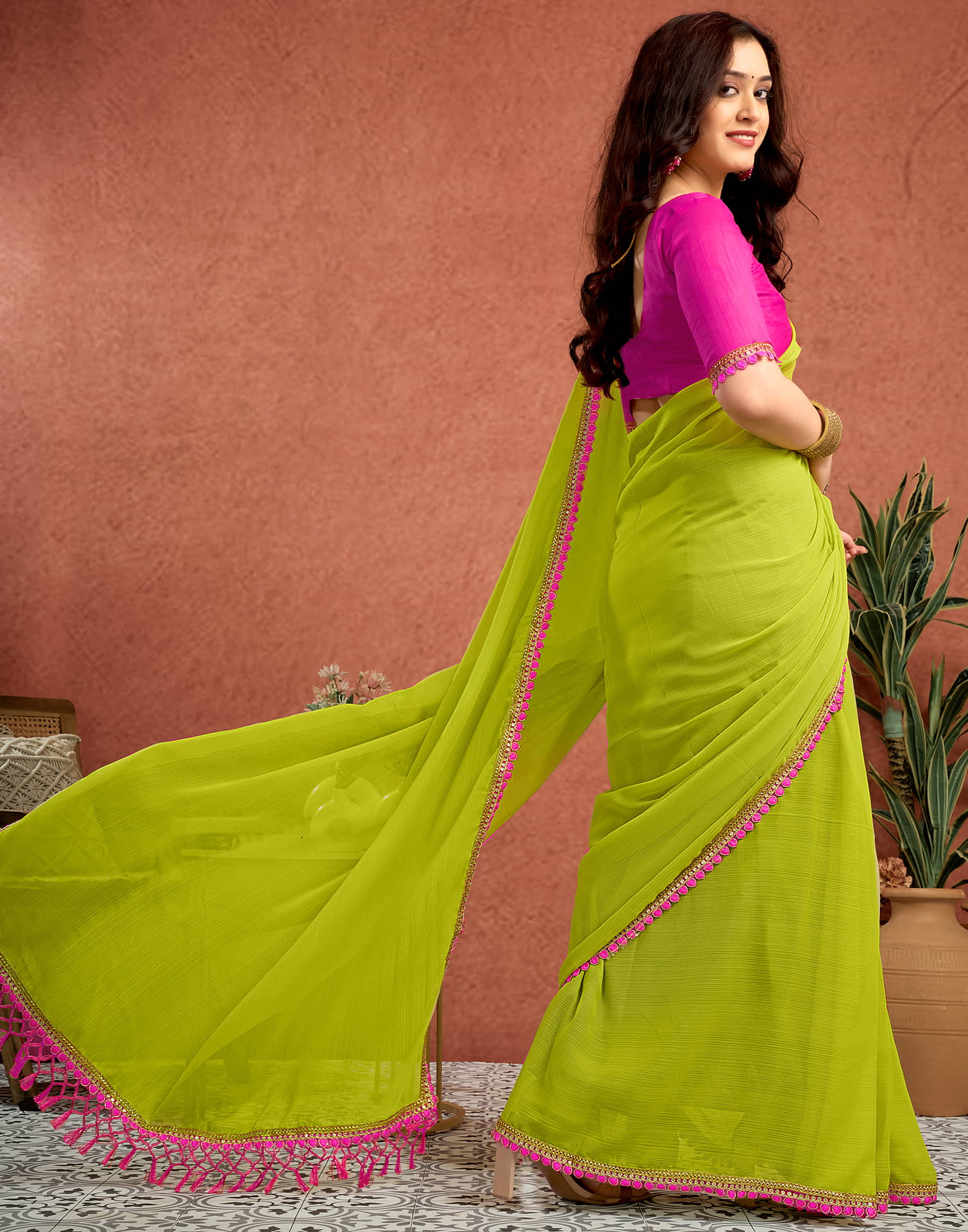 Lime Green Georgette Lace Solid Saree