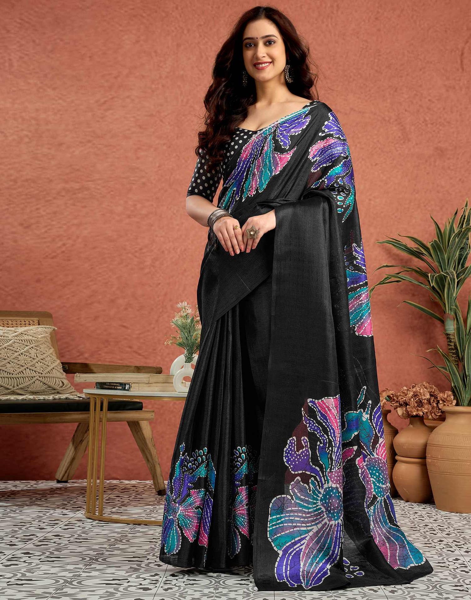 Black Vichitra Silk Printed Saree
