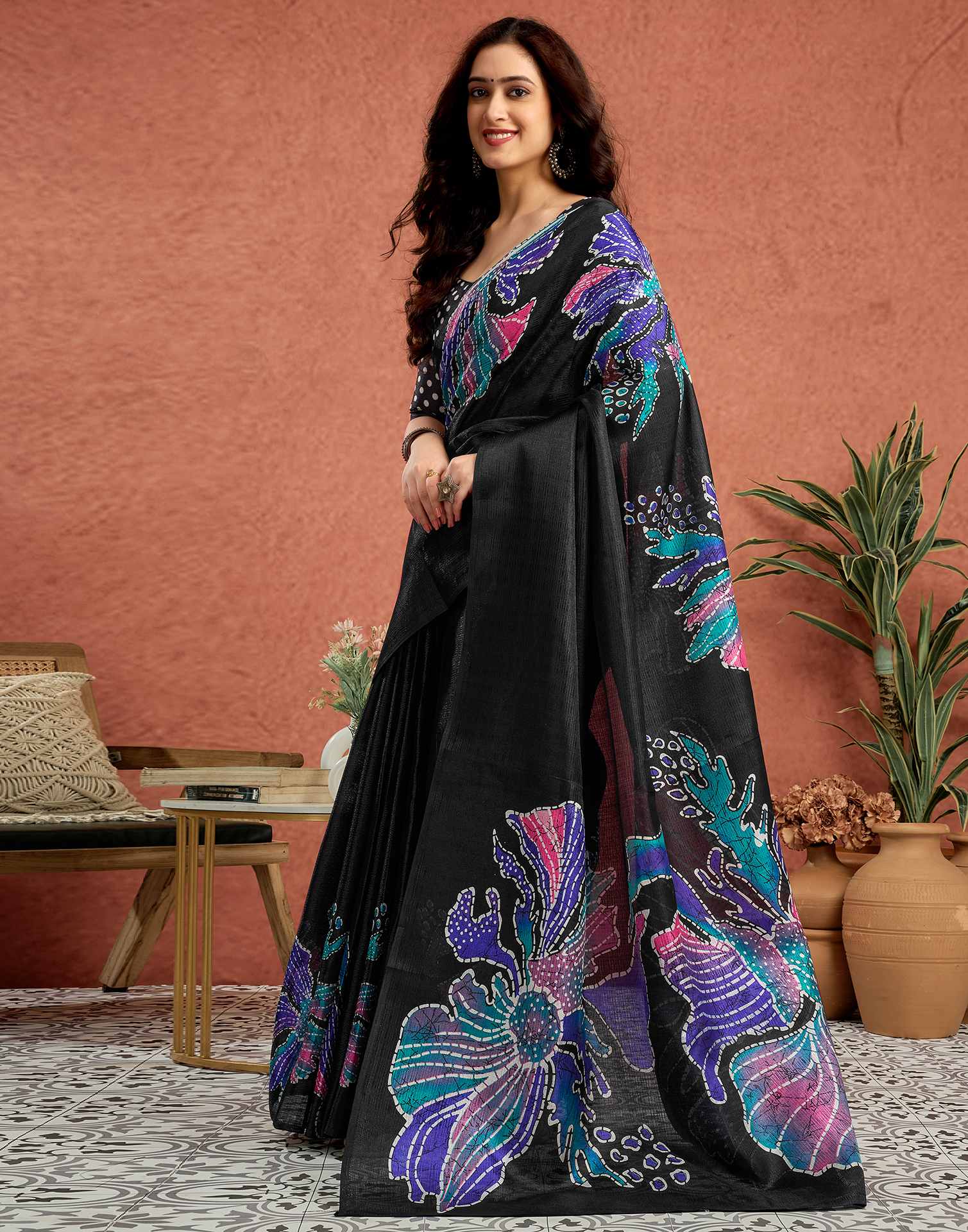 Black Vichitra Silk Printed Saree