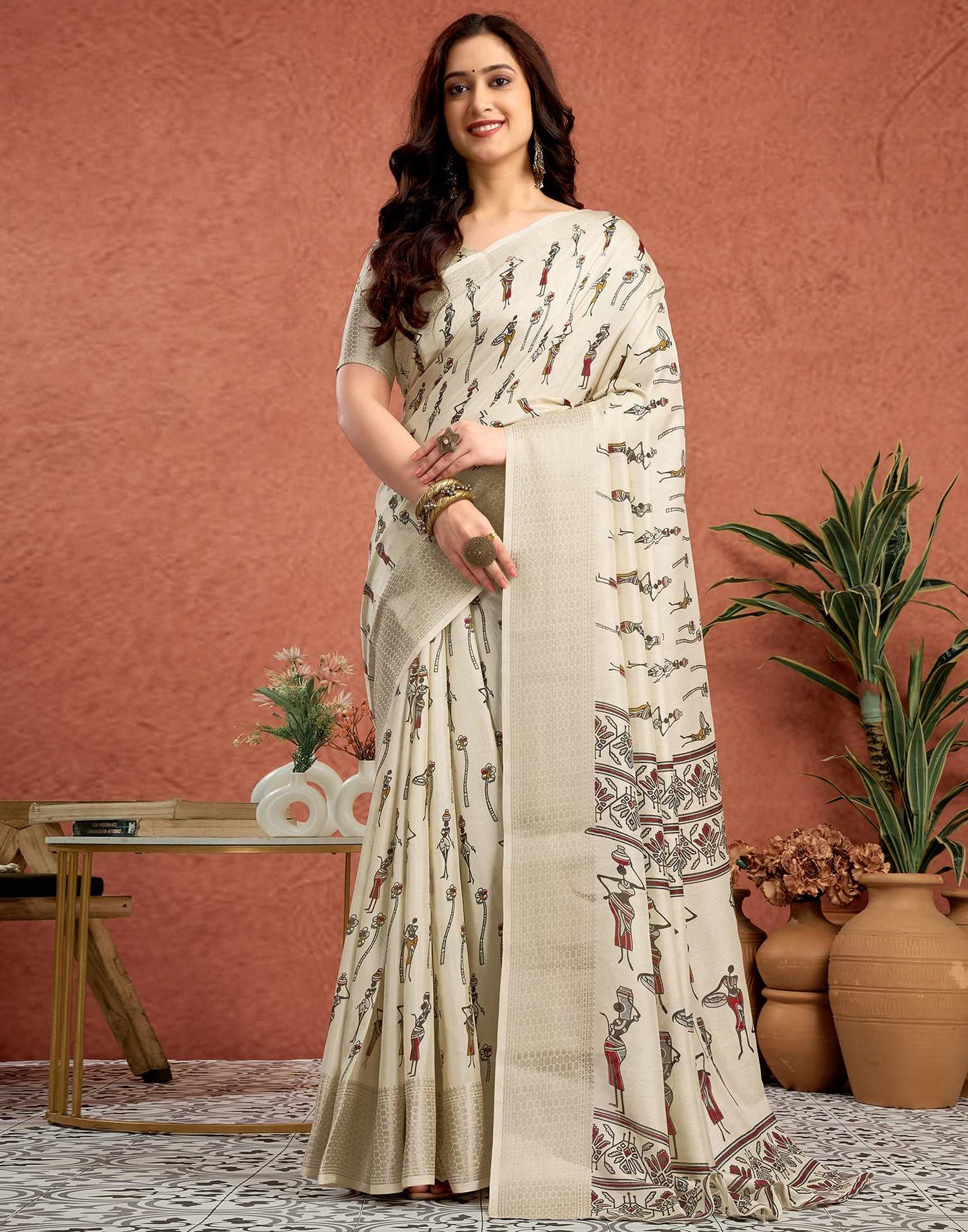 Off White Silk Warli Printed Saree