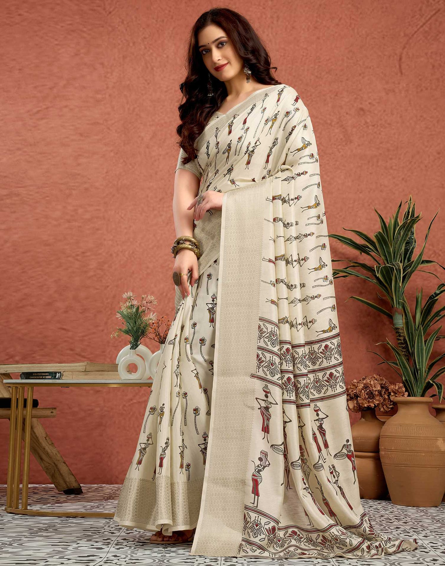 Off White Silk Warli Printed Saree