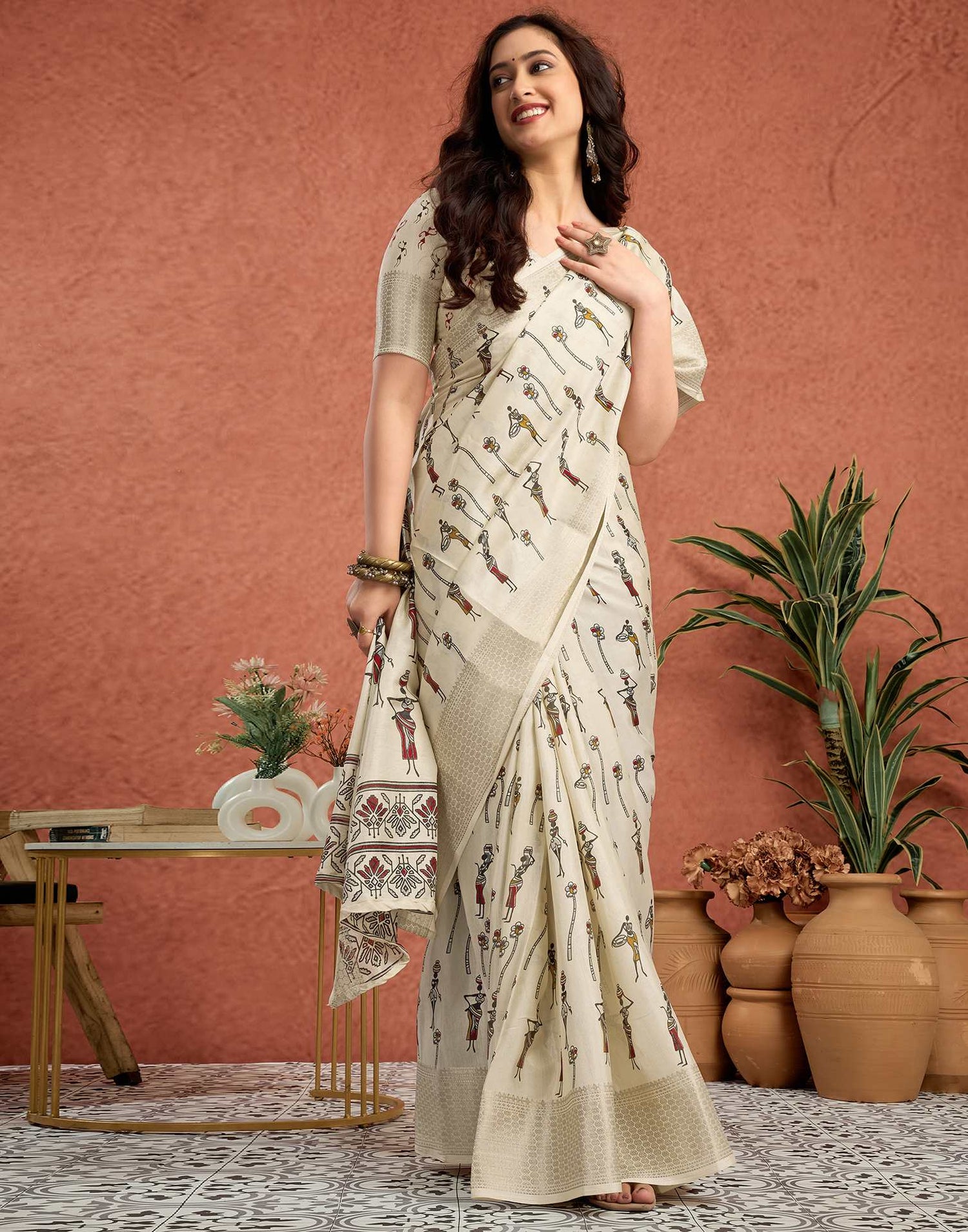 Off White Silk Warli Printed Saree