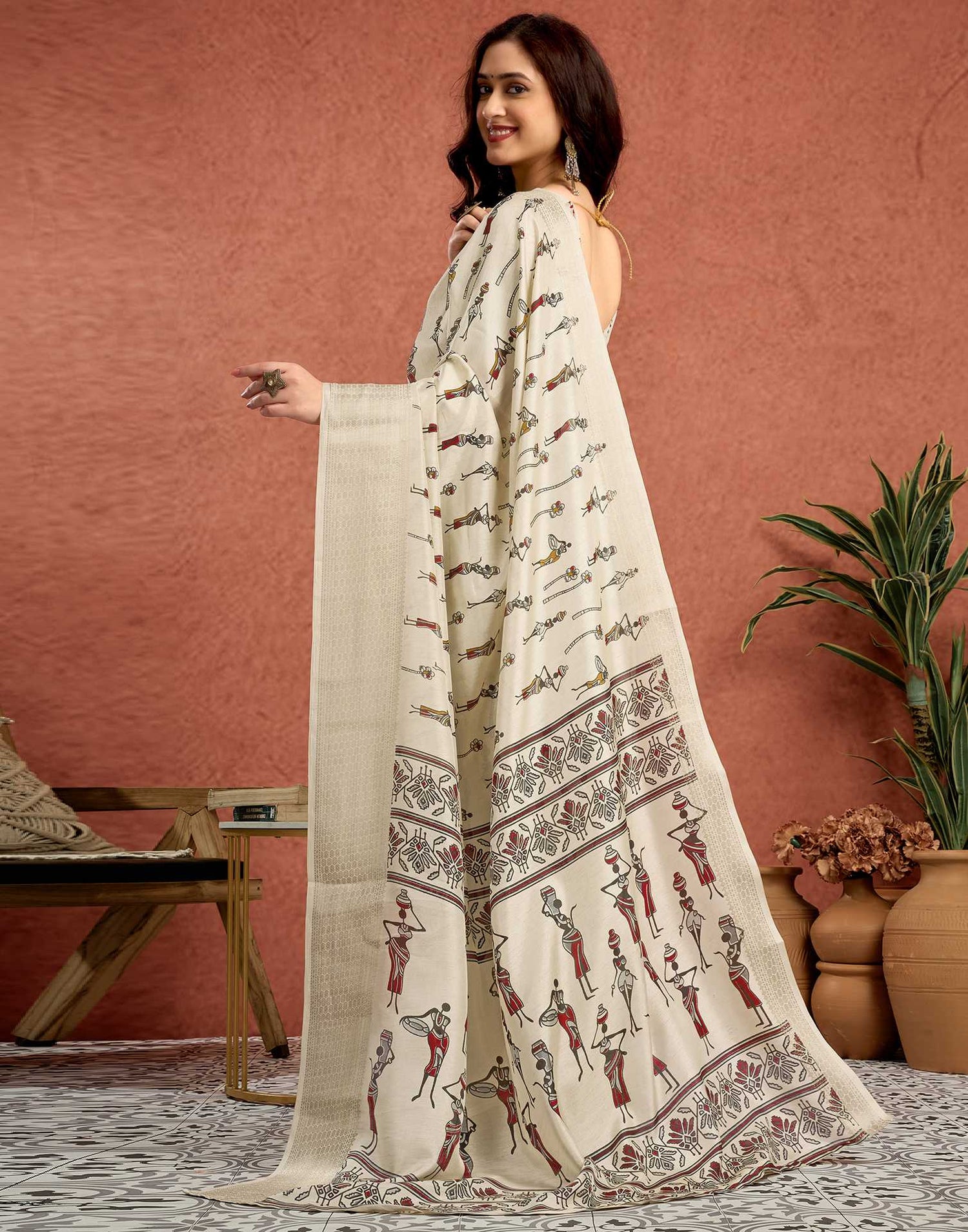 Off White Silk Warli Printed Saree