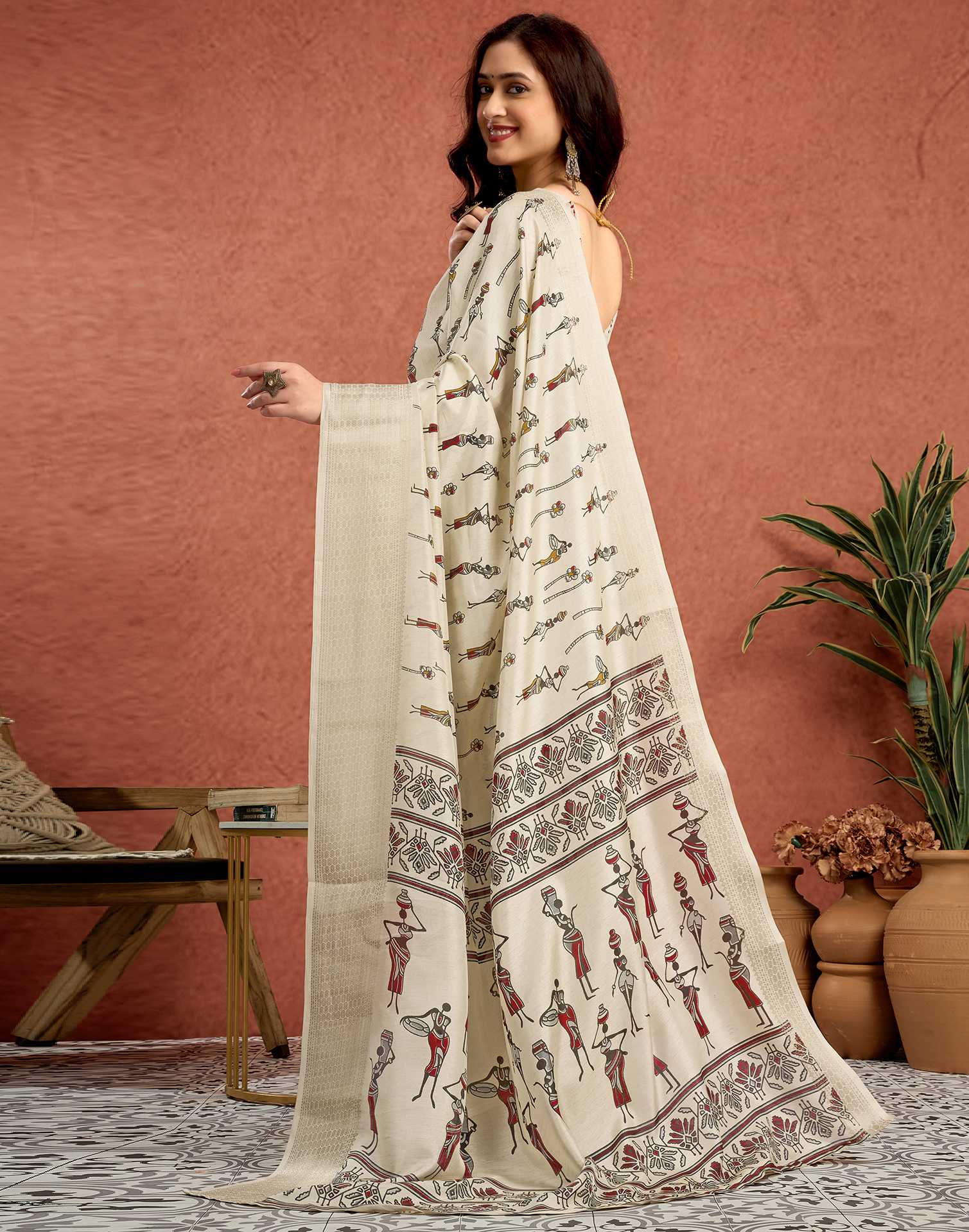 Off White Silk Warli Printed Saree