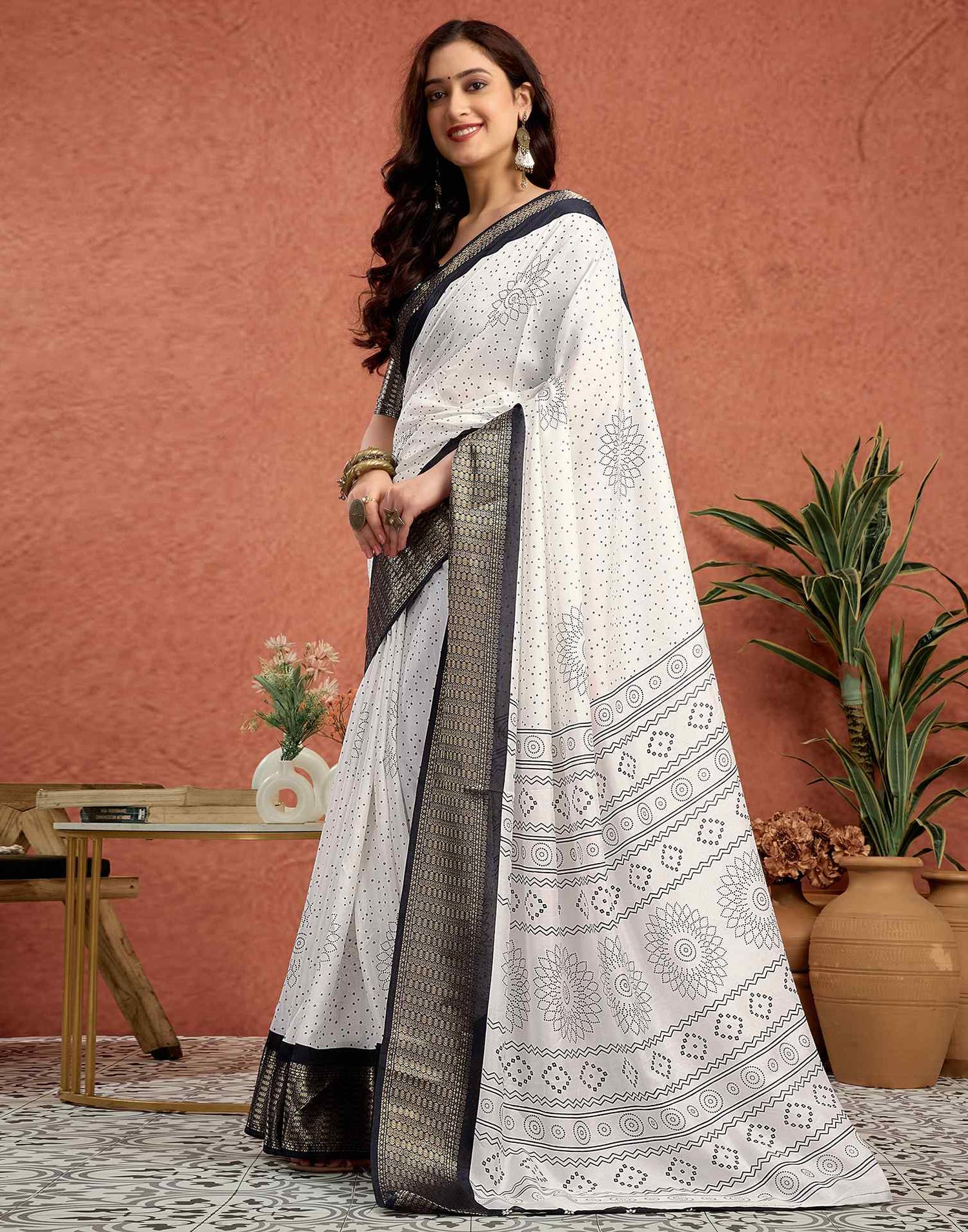 White Silk Printed Bandhani Saree