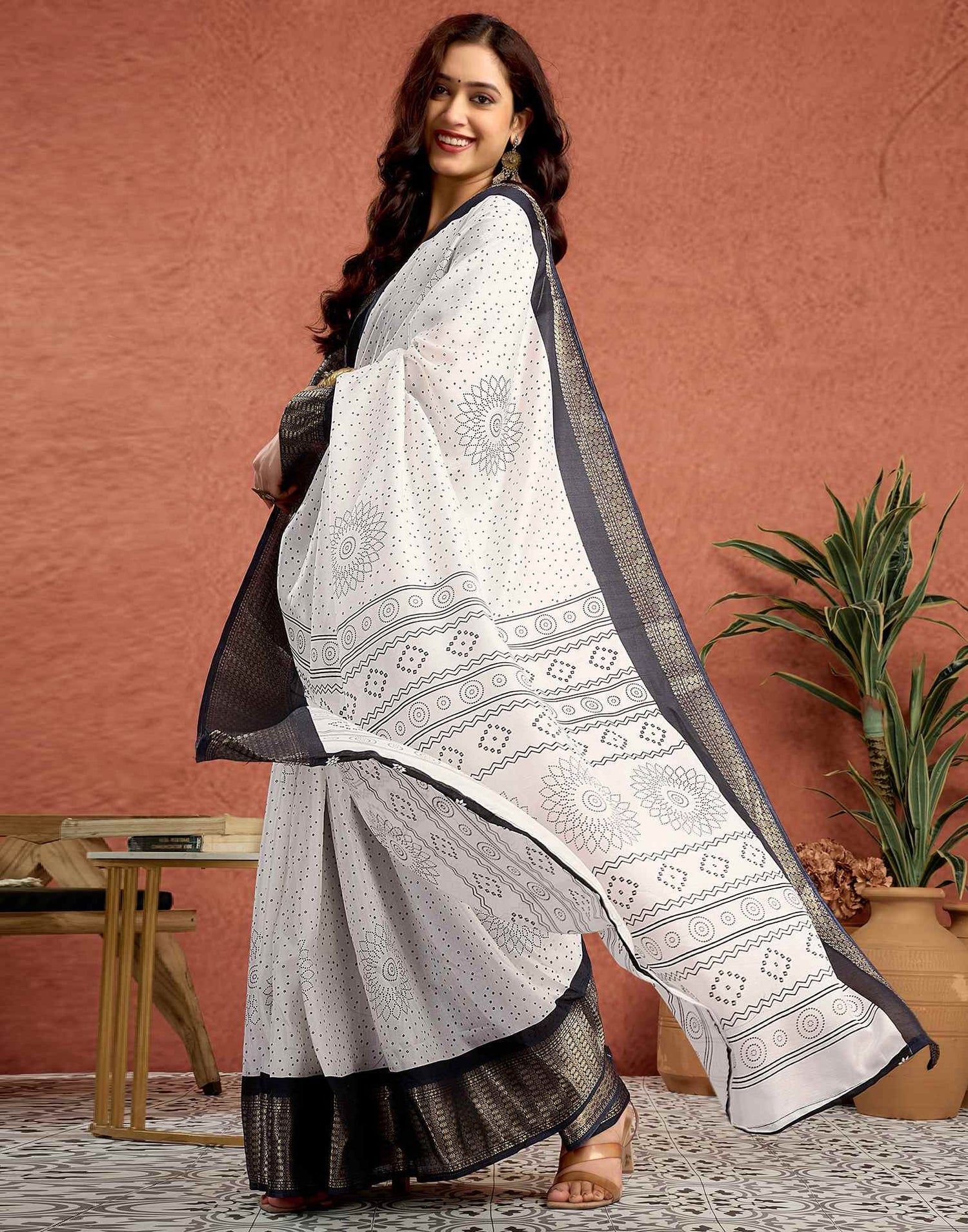 White Silk Printed Bandhani Saree