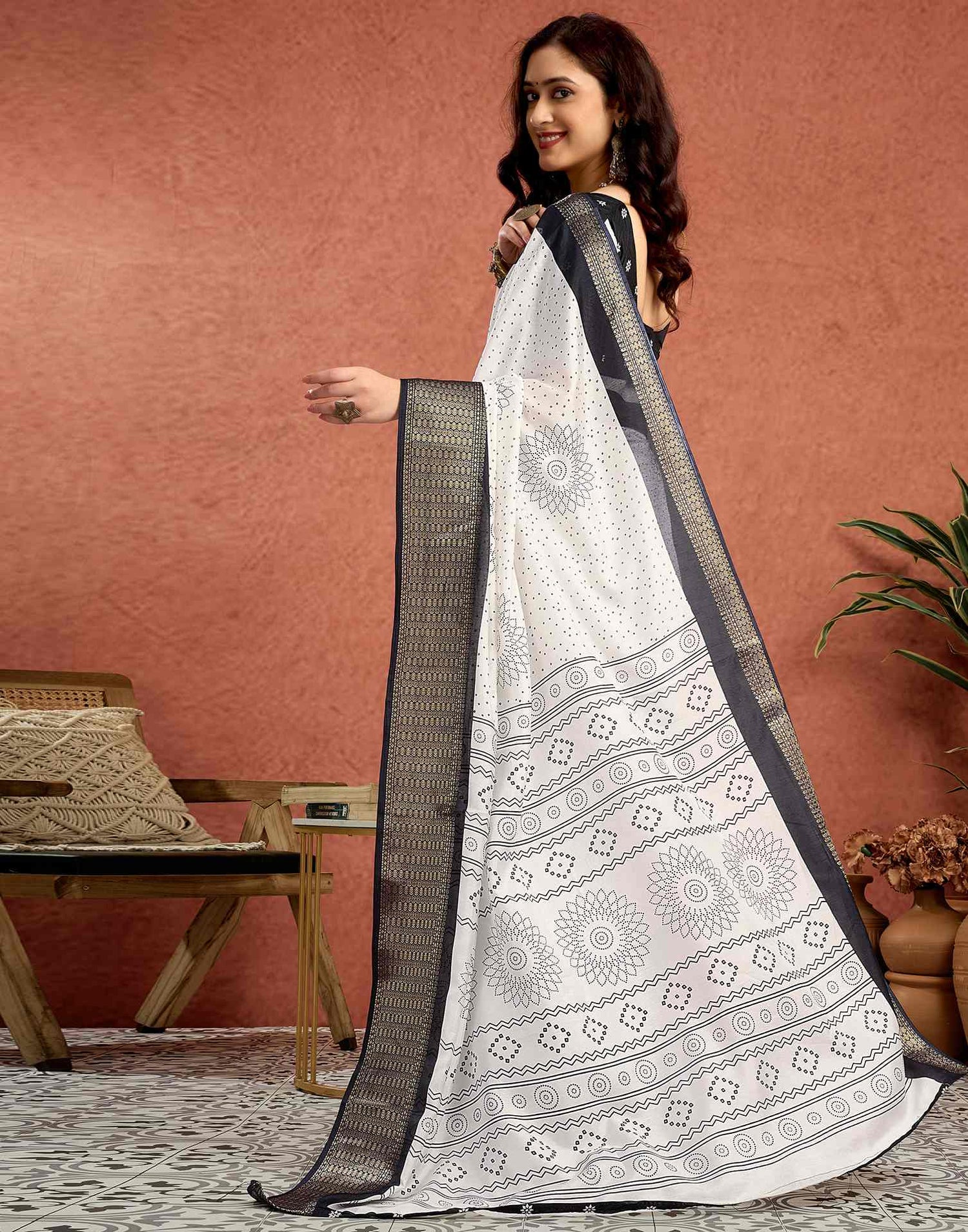 White Silk Printed Bandhani Saree