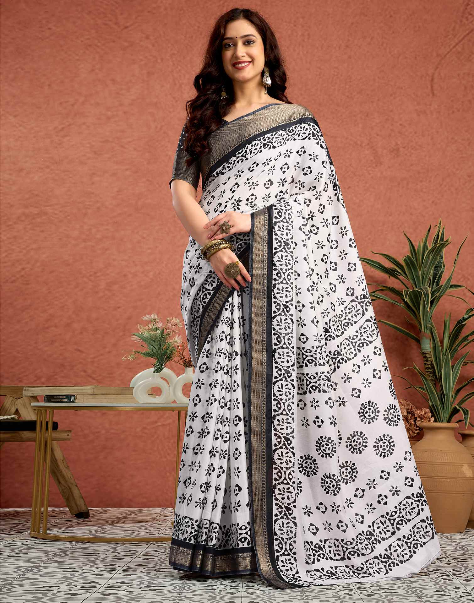 White Silk Printed Saree