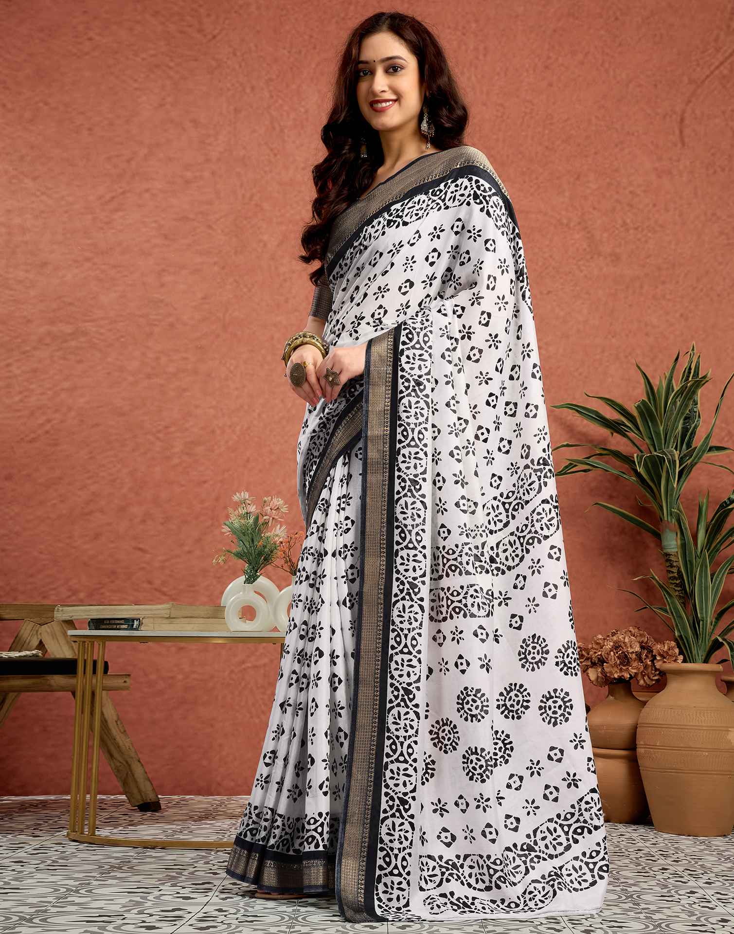 White Silk Printed Saree