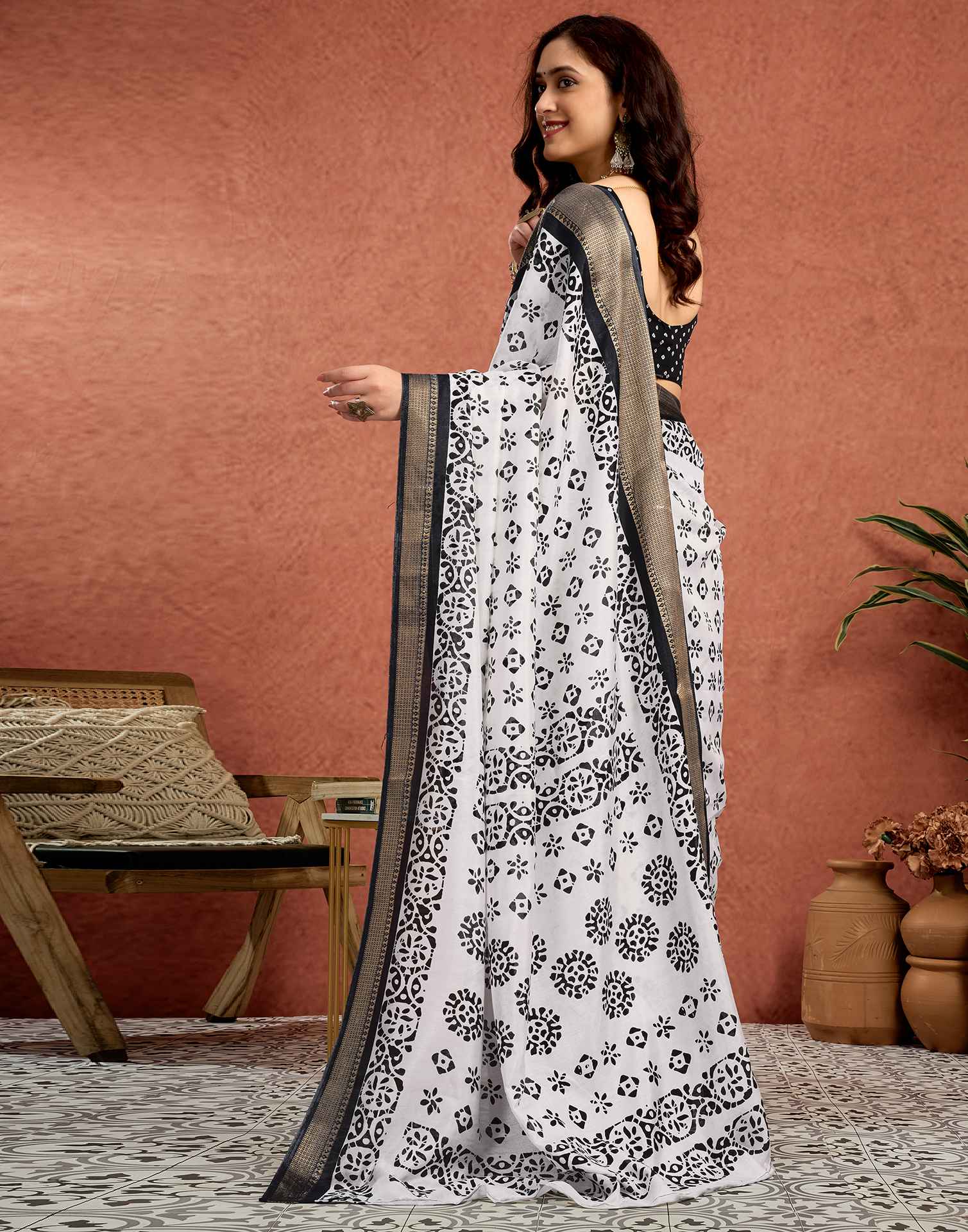 White Silk Printed Saree