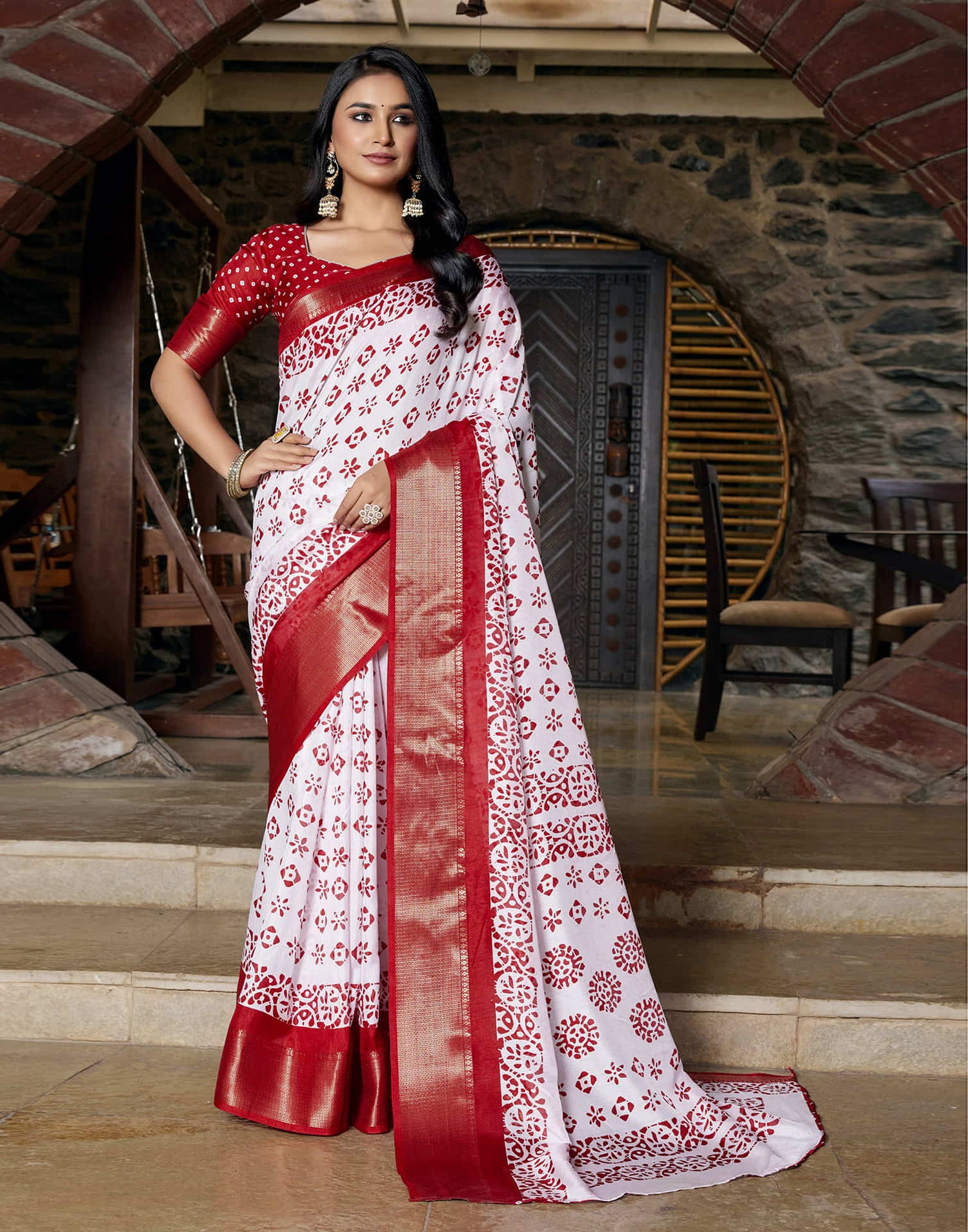 White Silk Woven Border Printed Saree