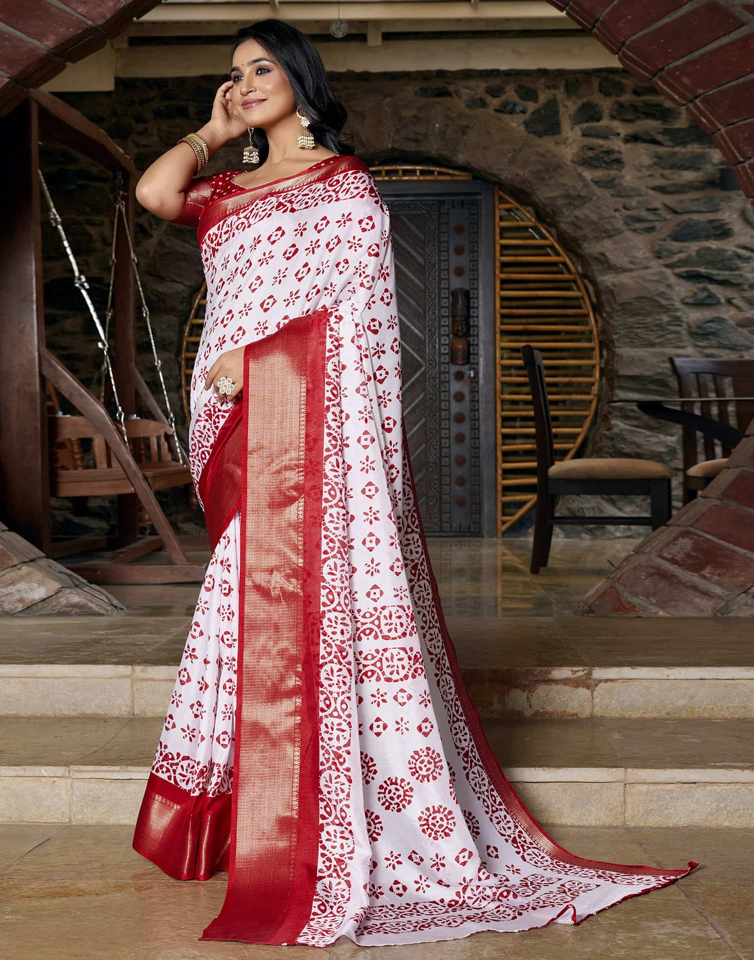 White Silk Woven Border Printed Saree