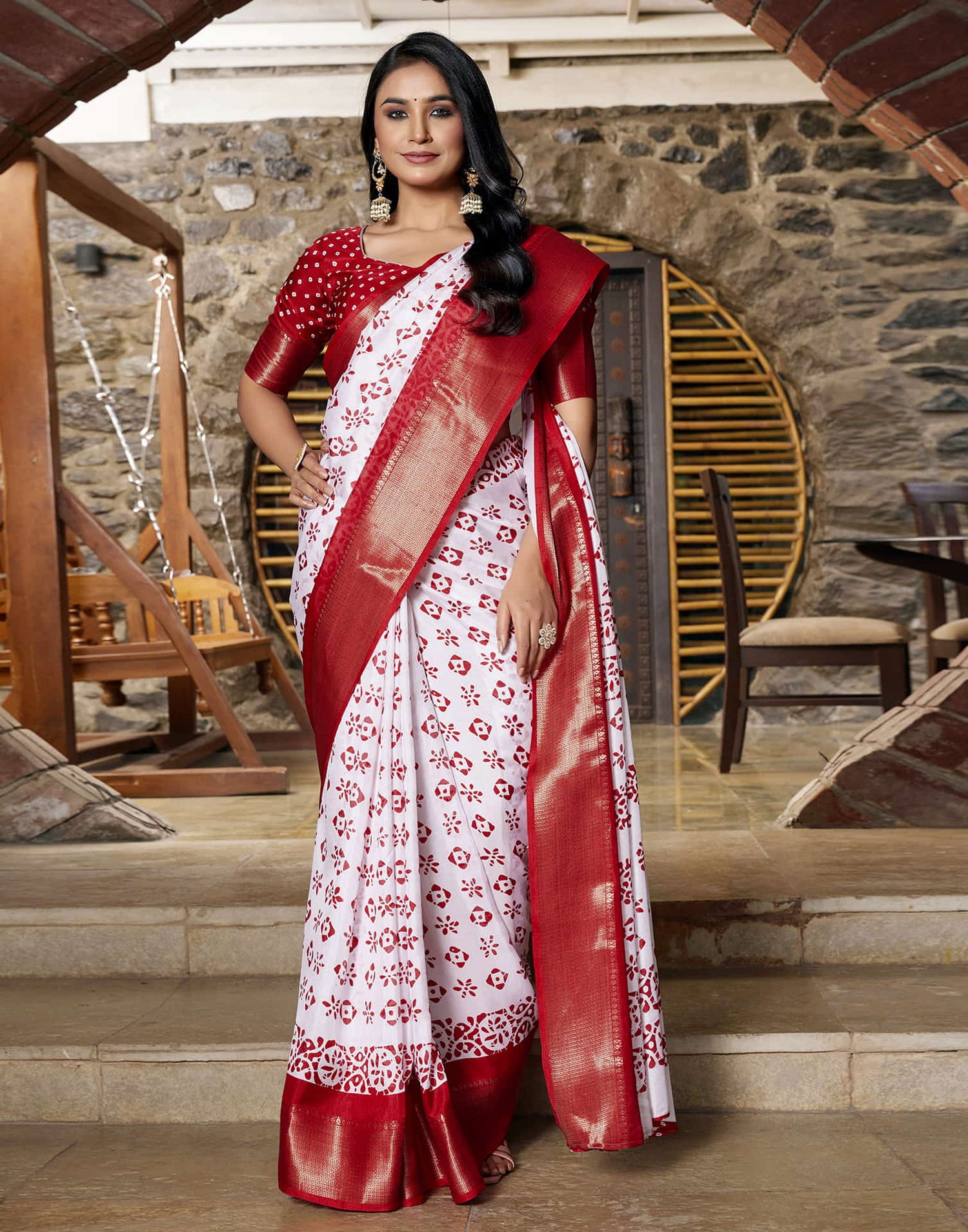White Silk Woven Border Printed Saree