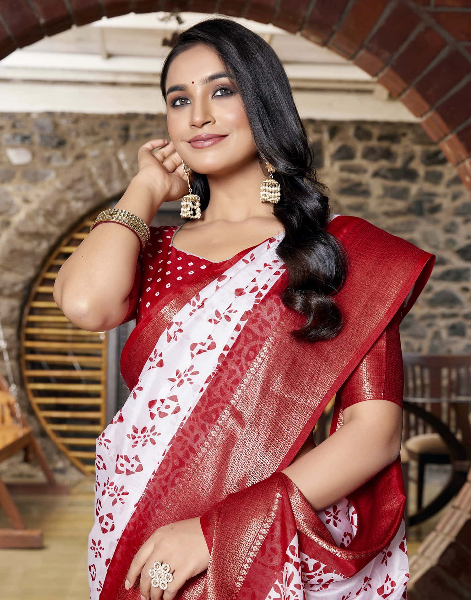 White Silk Woven Border Printed Saree