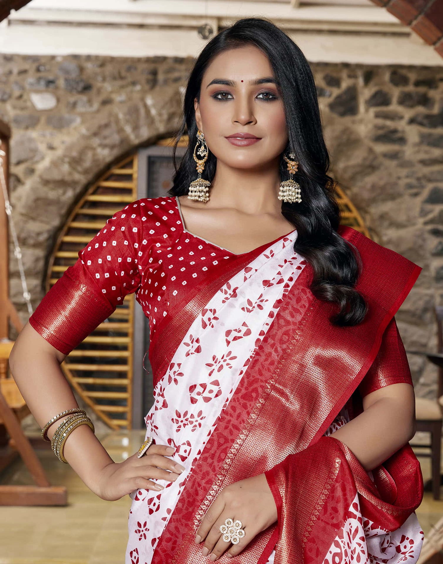 White Silk Woven Border Printed Saree