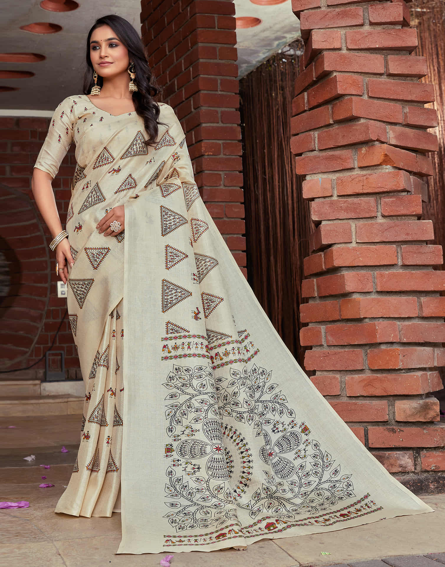 Beige Cotton Blend Warli Printed Saree
