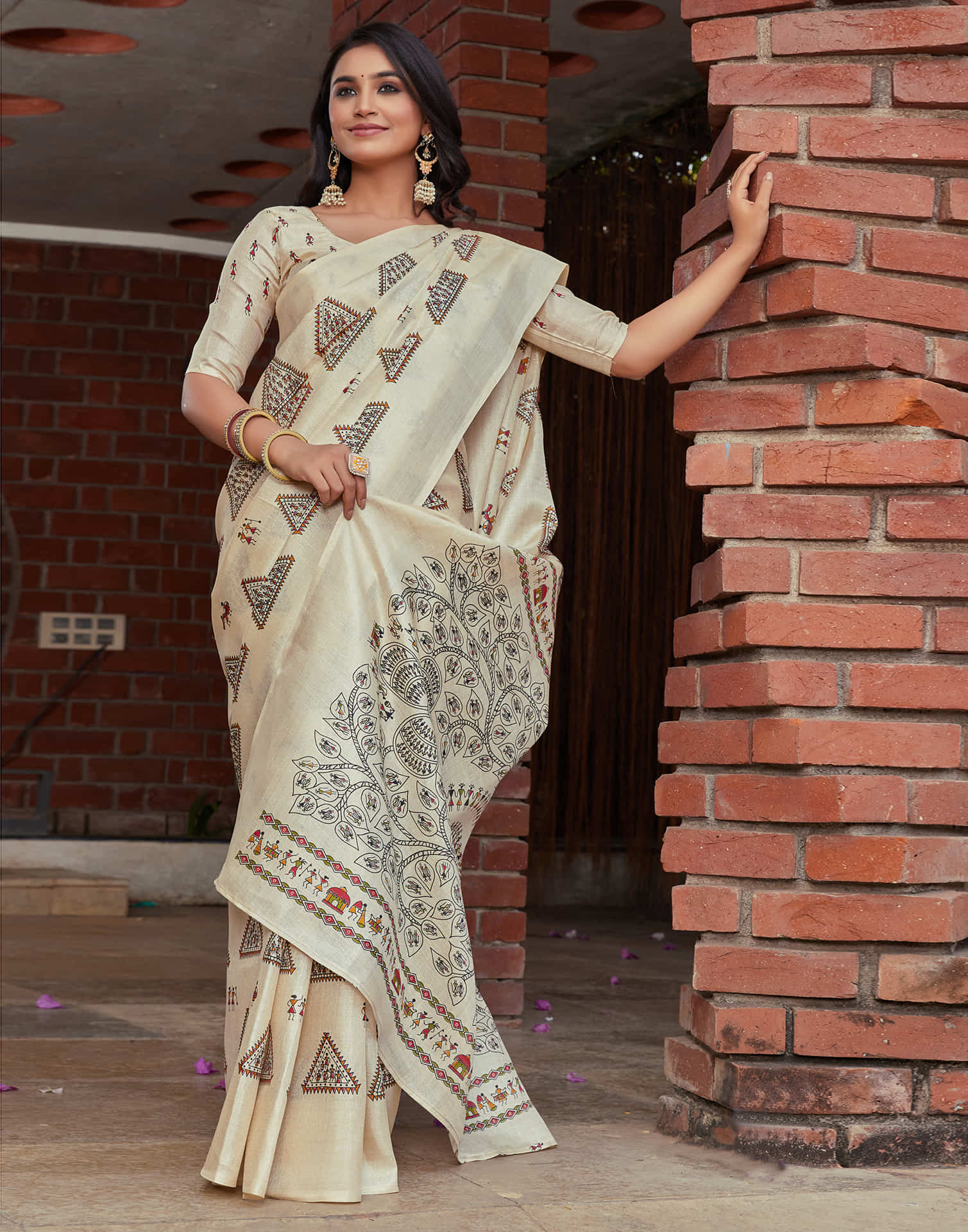 Beige Cotton Blend Warli Printed Saree