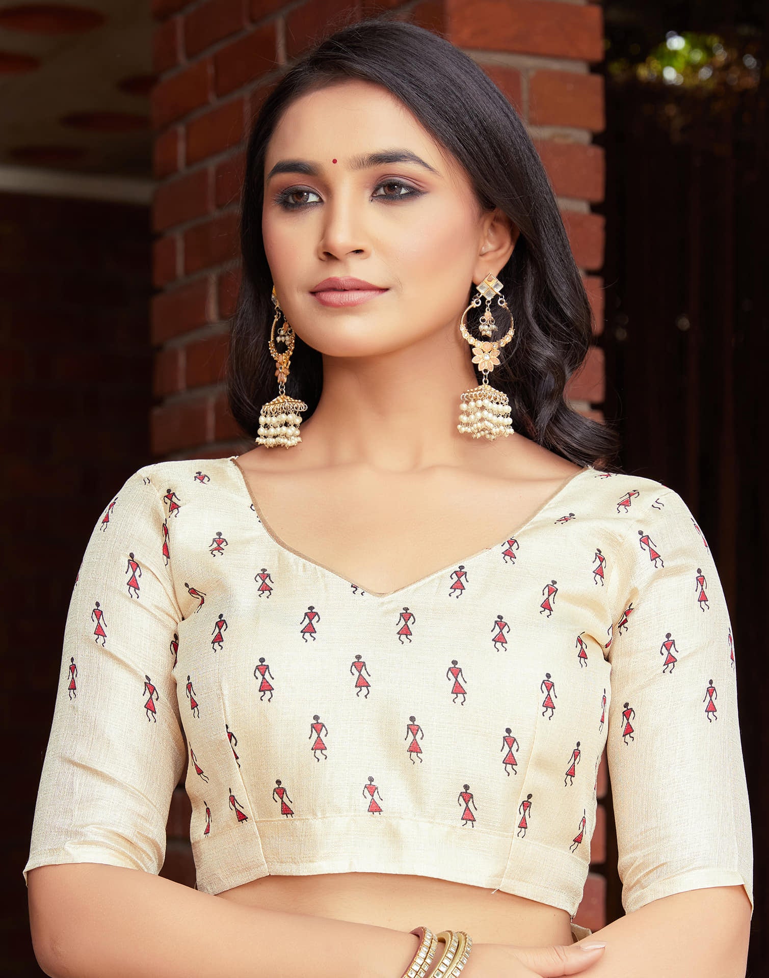 Beige Cotton Blend Warli Printed Saree