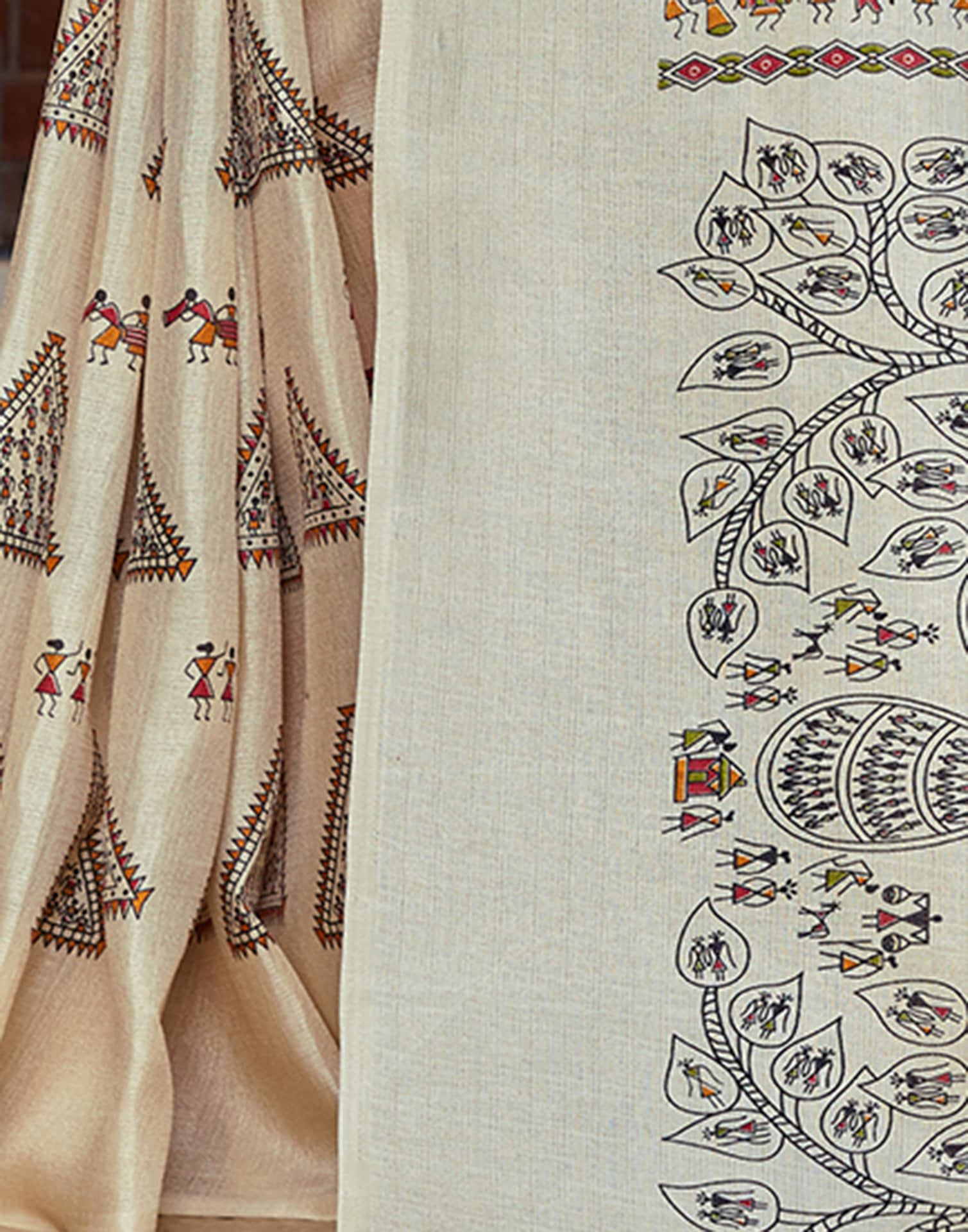 Beige Cotton Blend Warli Printed Saree