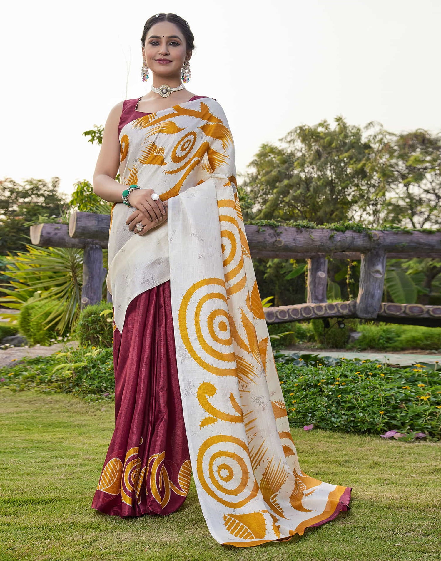 Off White Cotton Blend Printed Saree