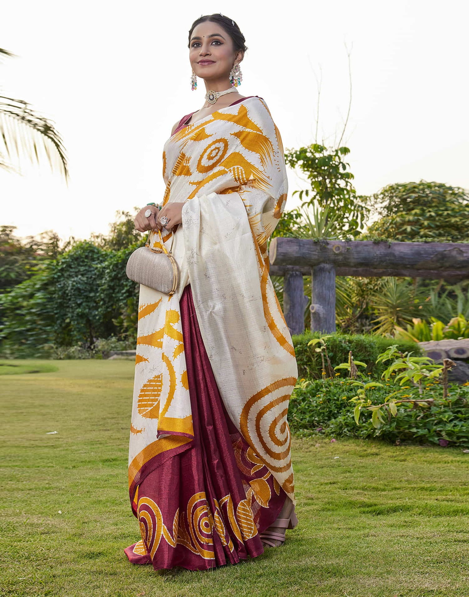 Off White Cotton Blend Printed Saree