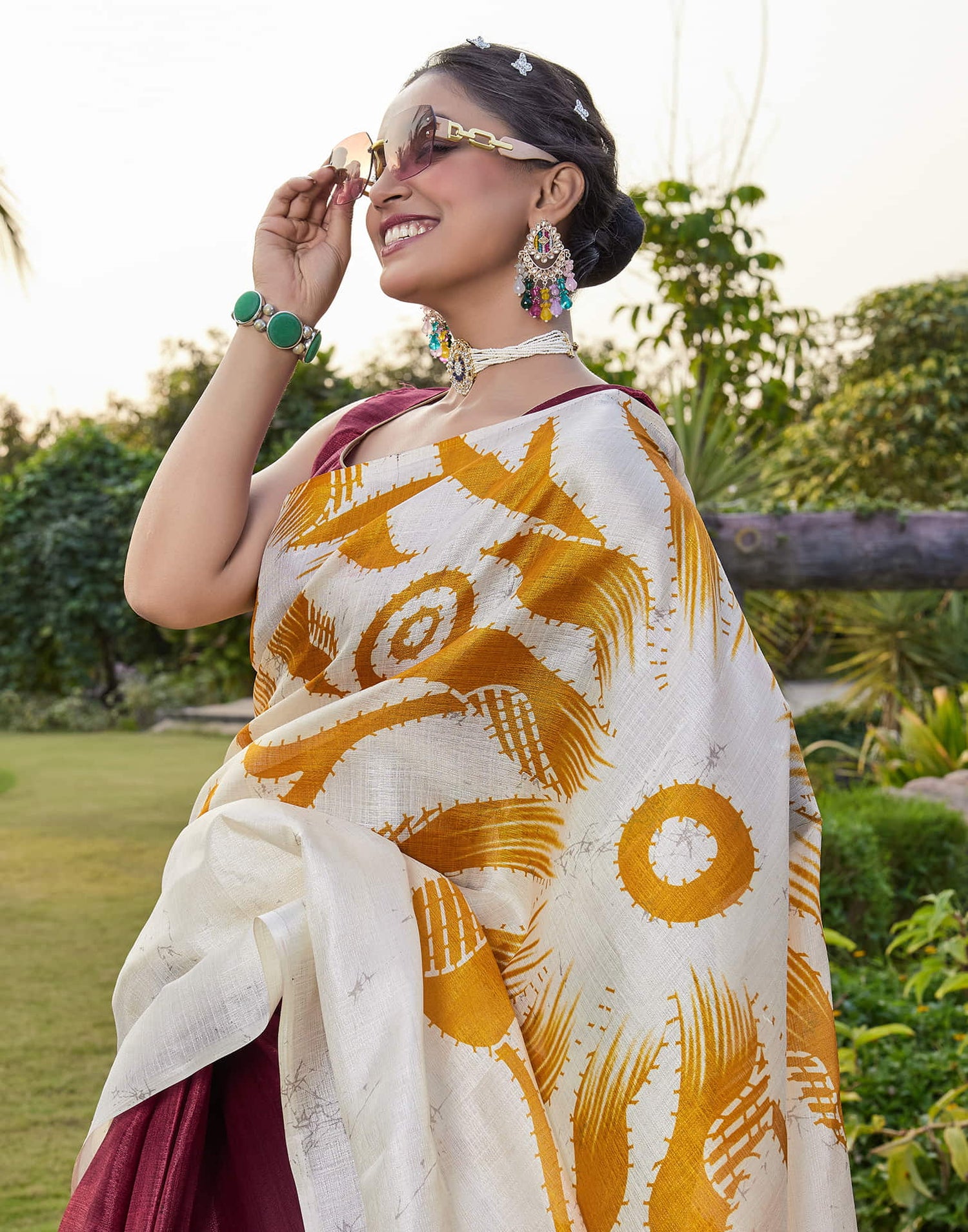 Off White Cotton Blend Printed Saree