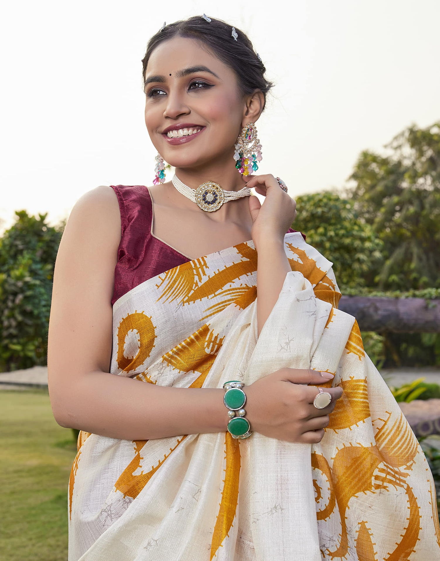 Off White Cotton Blend Printed Saree