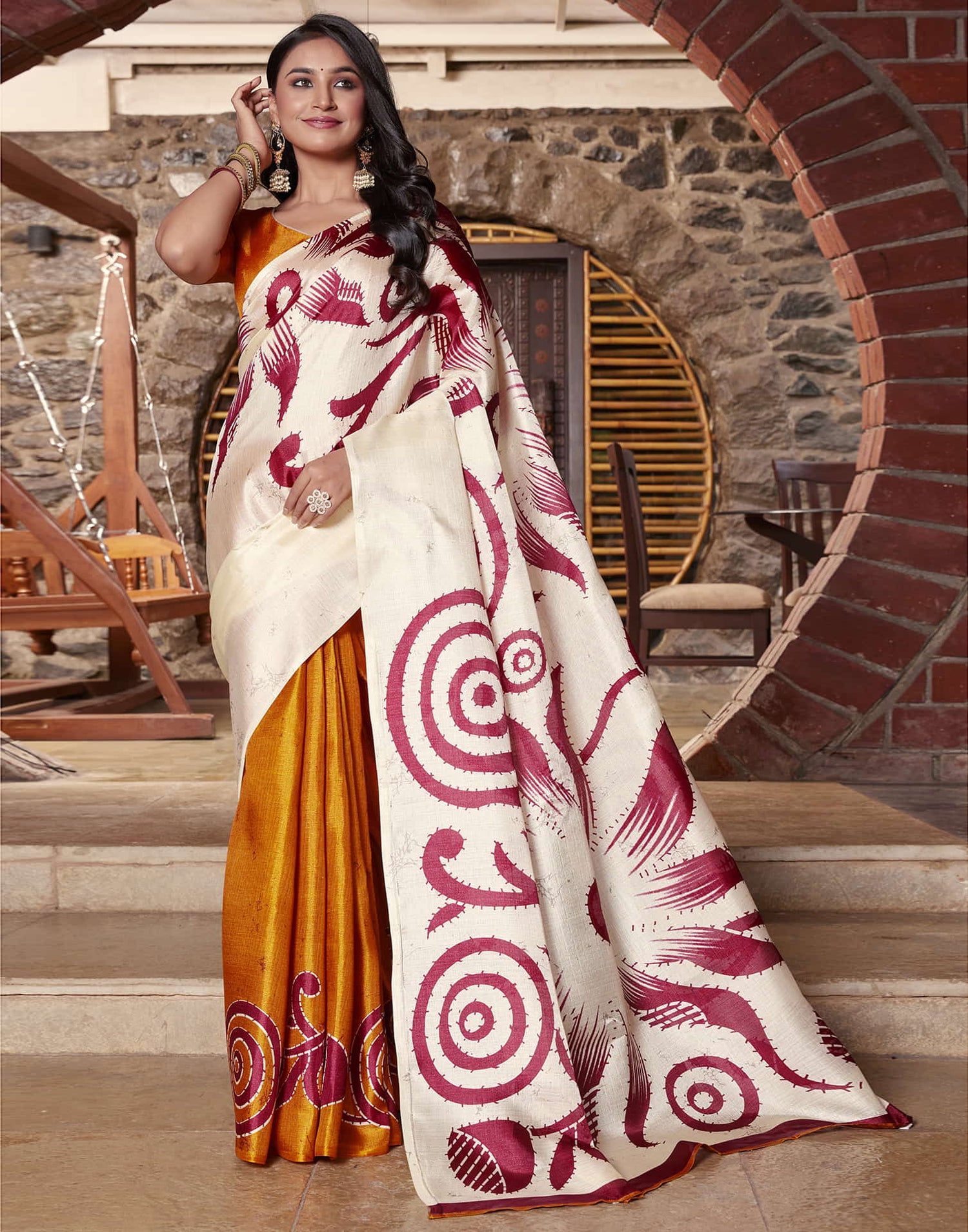 Off White Cotton Blend Printed Saree